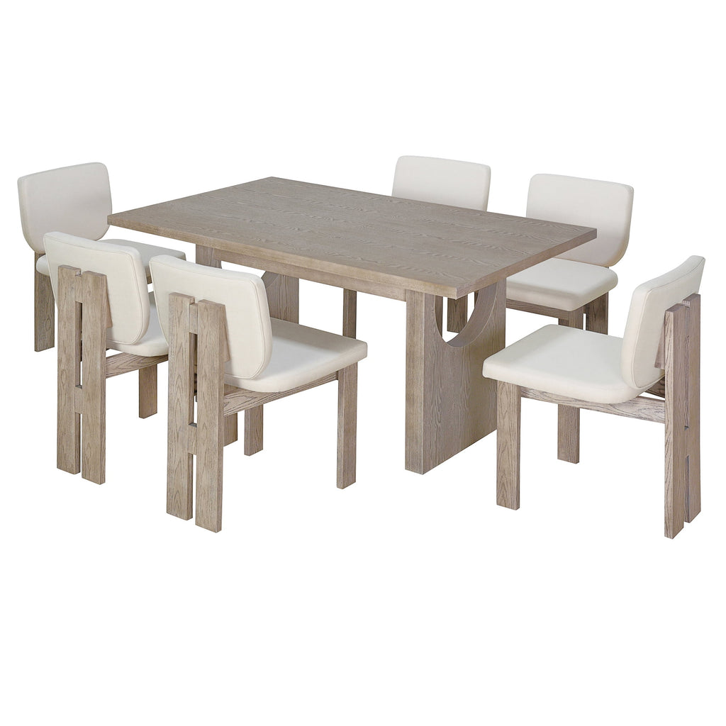 Harper & Bright Designs 7 Pieces Retro Dining Set for 6, Wood Rectangular Table with Designed Trestle Base and 6 Upholstered Chairs for Dining Room and Kitchen, Grey