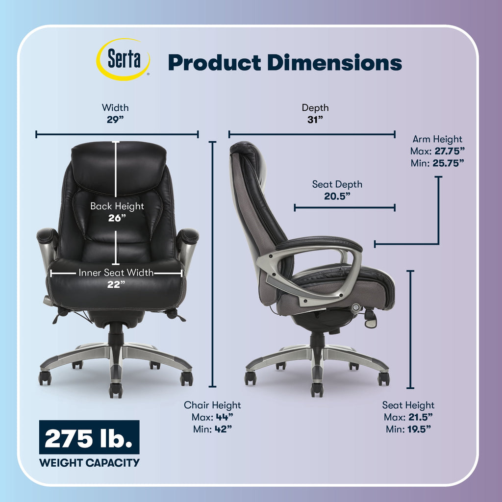 Serta Lautner Executive Home Office Desk Chair, Ergonomic High-Back with Adjustable Lumbar and Body Pillows, SmartLayers and ComfortCoils Technology, Mesh and Bonded Leather, Black and Gray
