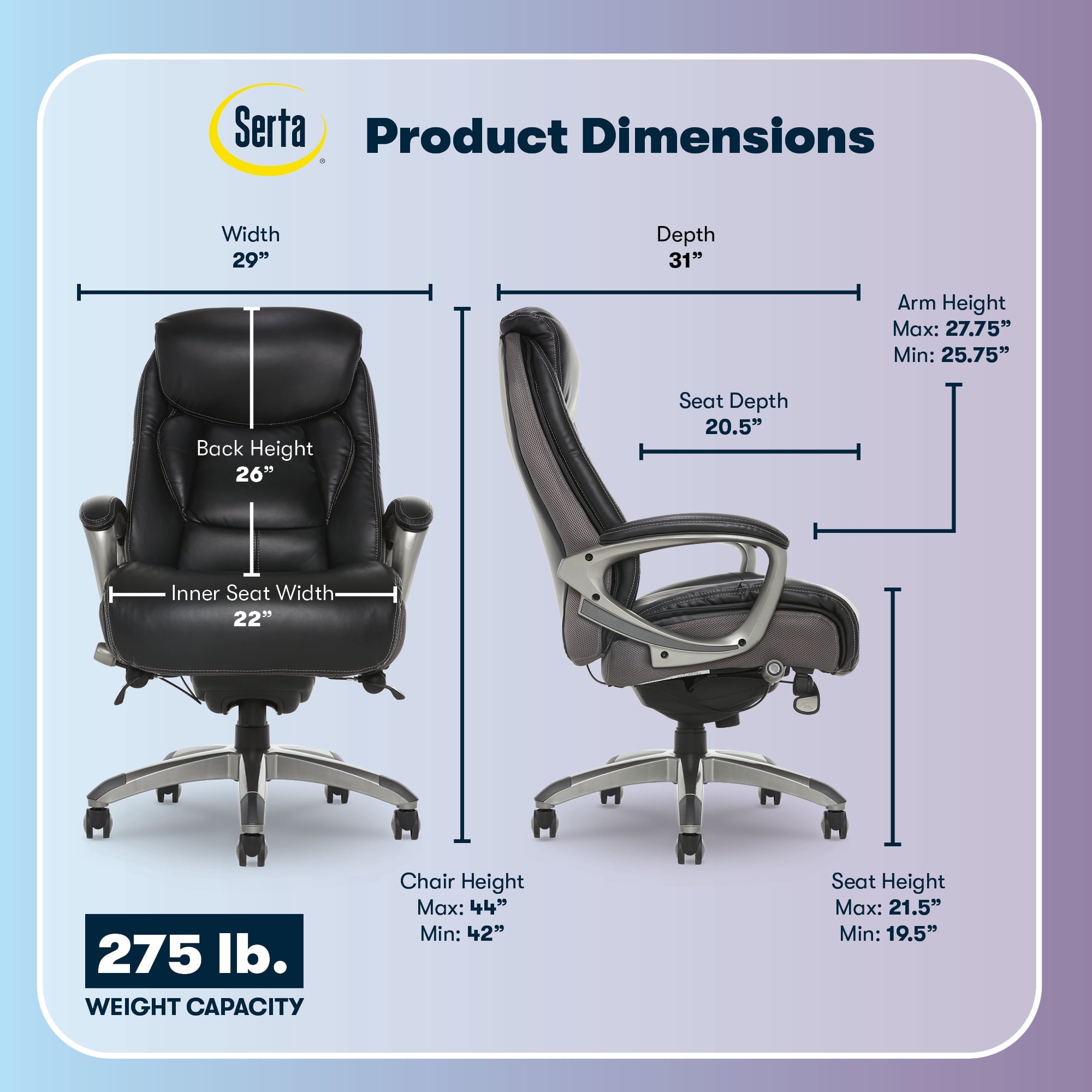 Serta Lautner Executive Home Office Desk Chair, Ergonomic High-Back with Adjustable Lumbar and Body Pillows, SmartLayers and ComfortCoils Technology, Mesh and Bonded Leather, Black and Gray