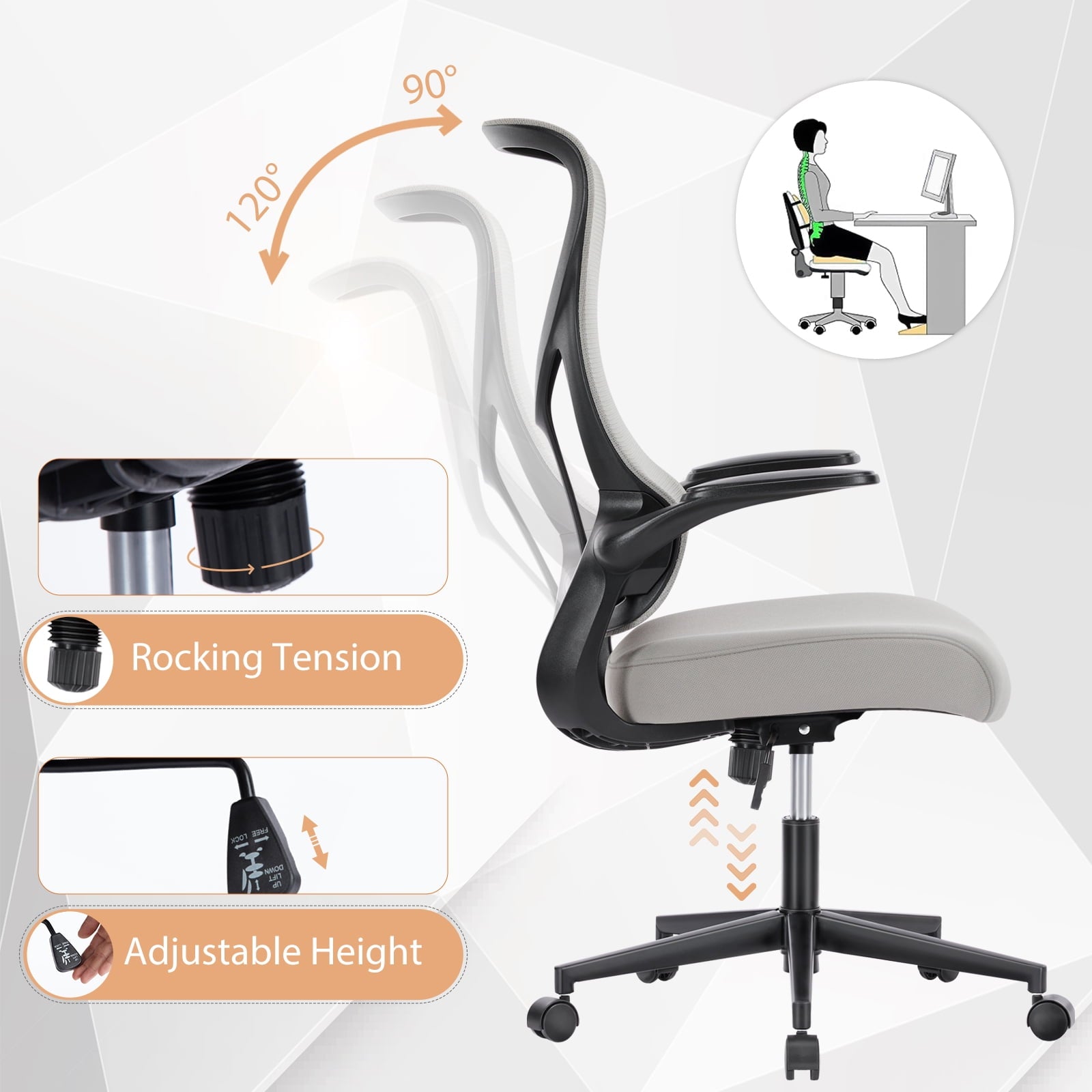 GIANNA Mesh Ergonomic Office Desk Chair, High Back Swivel Computer Chair, With 2D Headrest, Up&Down Lumbar Support, Adjustable Flip-up Armrests, Black