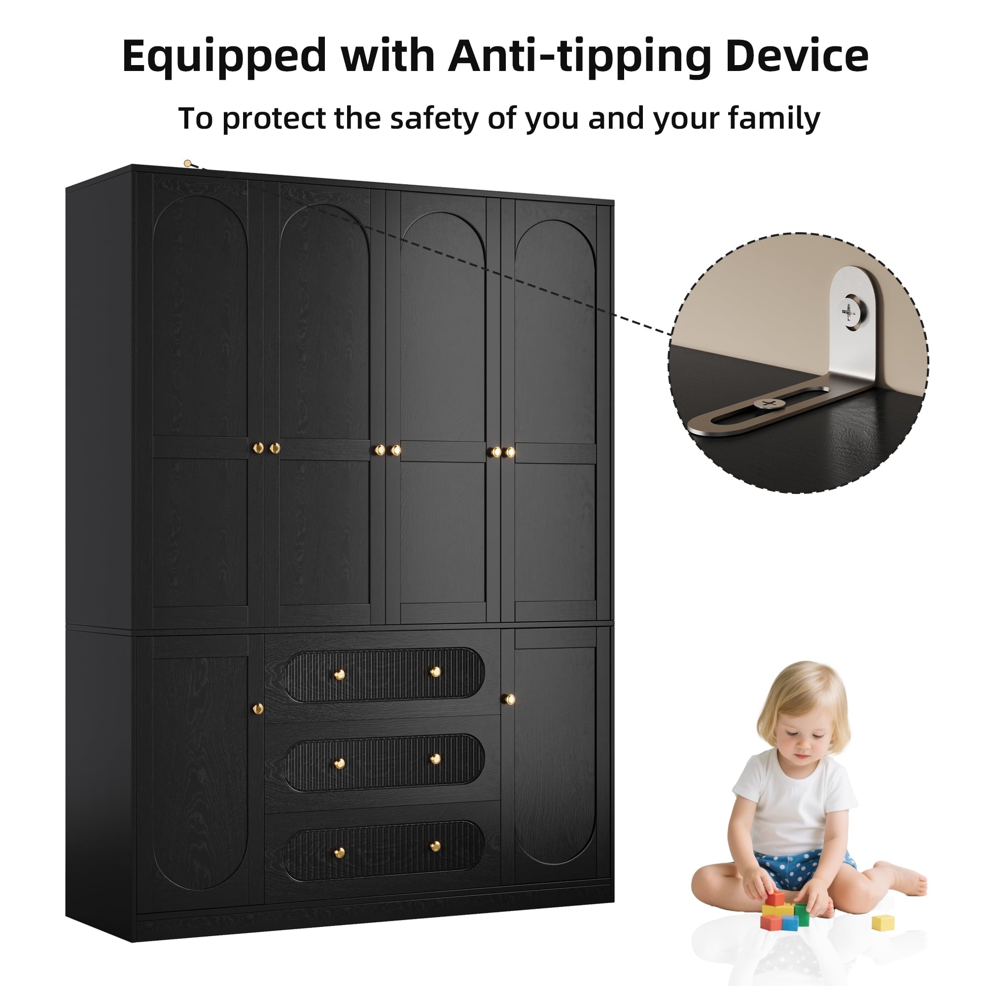 UGTOO 72H 4-Door Wardrobe Armoire with 3 Hanging Rods & 3 Drawers – Black Wooden Closet Storage Cabinet, Large Capacity Freestanding Clothes Organizer for Bedroom