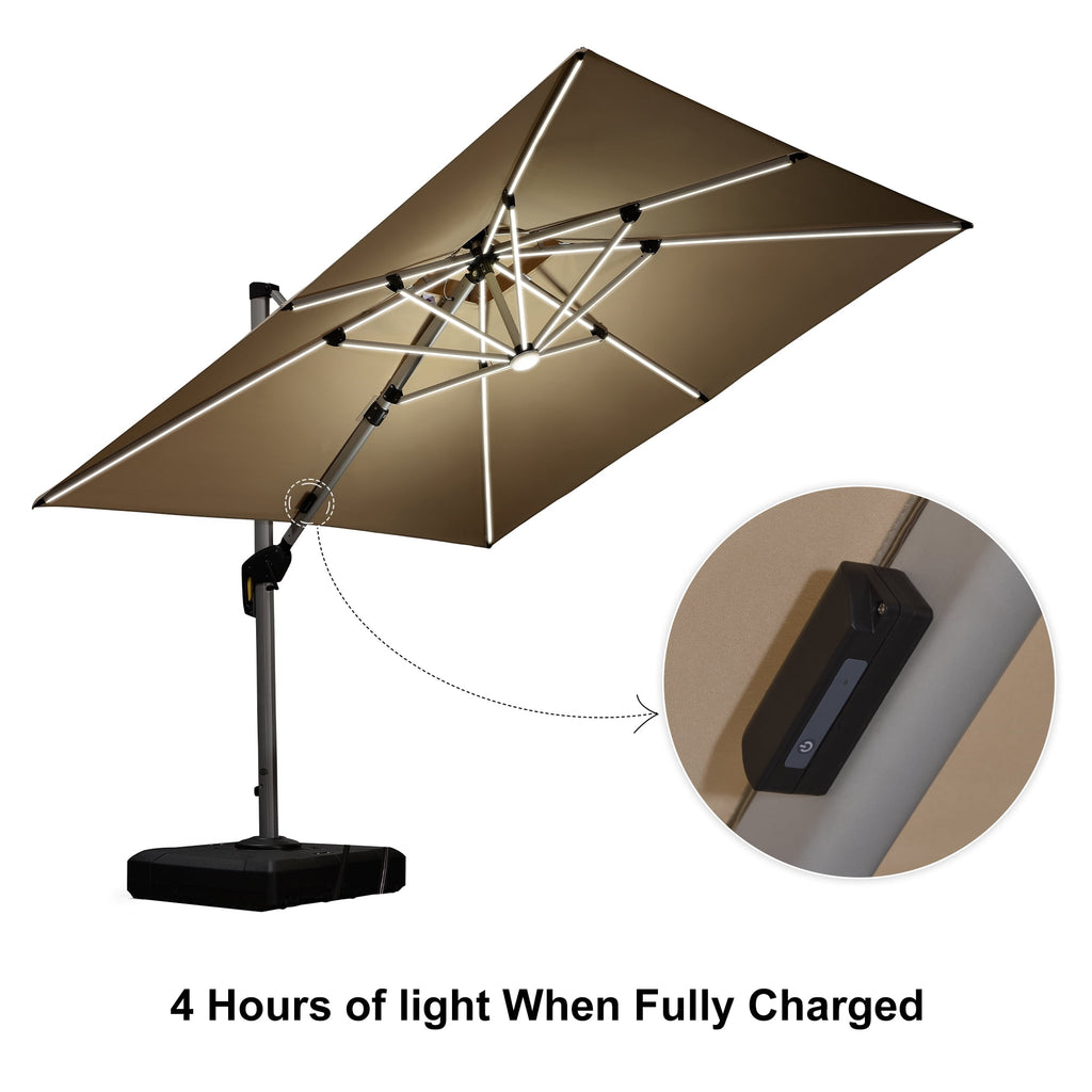 PURPLE LEAF 9 x 12FT Deluxe Rectangle Solar Powered LED Patio Umbrella with Base, Large Offset Cantilever Umbrella with 360° Rotation, Navy Blue