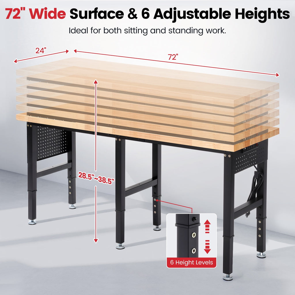 Workbench for Garage,ENJOYWOOD Heavy Duty 84 inch Wood Work Bench with Power Outlets and Peoboards,Rubber Wood Tabletop,5000 LBS Load Bearing Workstation Garage Desk Work Table
