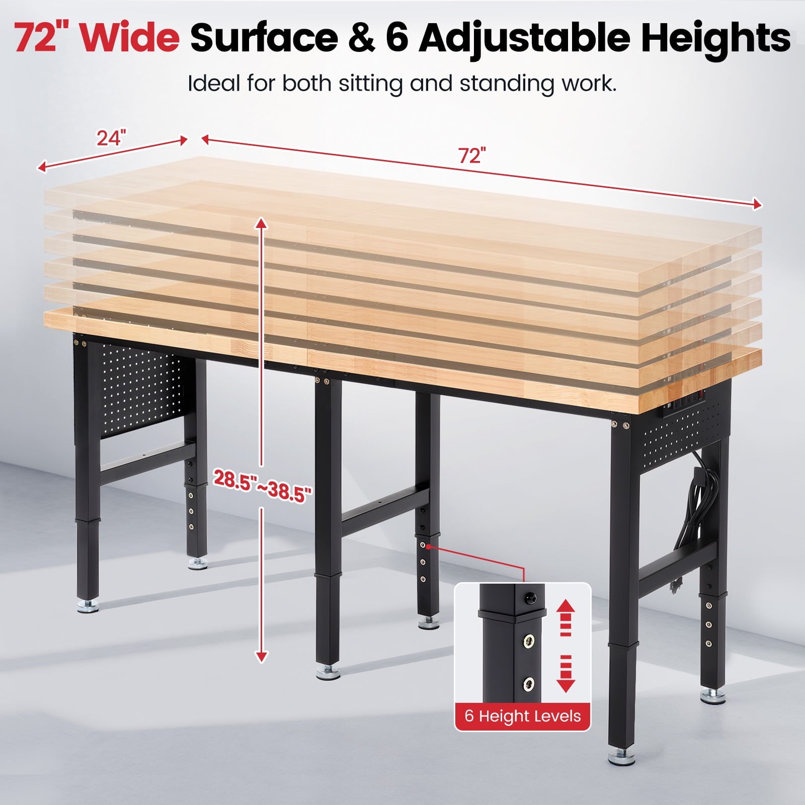 Workbench for Garage,ENJOYWOOD Heavy Duty 84 inch Wood Work Bench with Power Outlets and Peoboards,Rubber Wood Tabletop,5000 LBS Load Bearing Workstation Garage Desk Work Table