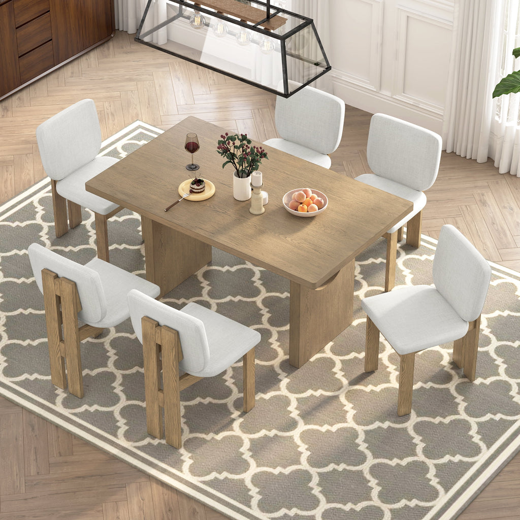 Euroco 7-Piece Dining Table Set for 6, 59 Kitchen Table Set with 6 Upholstered Chairs and Wooden Frame,Retro Dining Set for Kitchen Dining Room, Natural
