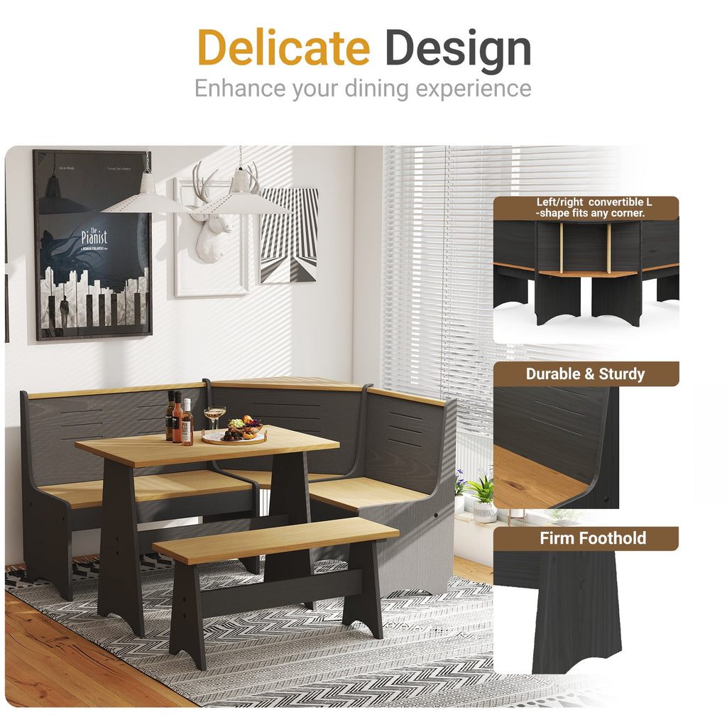 Breakfast Nook Kitchen Corner Dining Table Bench Chair Set, Space-Saving 3-4 Seat L-Shape Farmhouse Mid Century Modern Style for Family Home Black Wood
