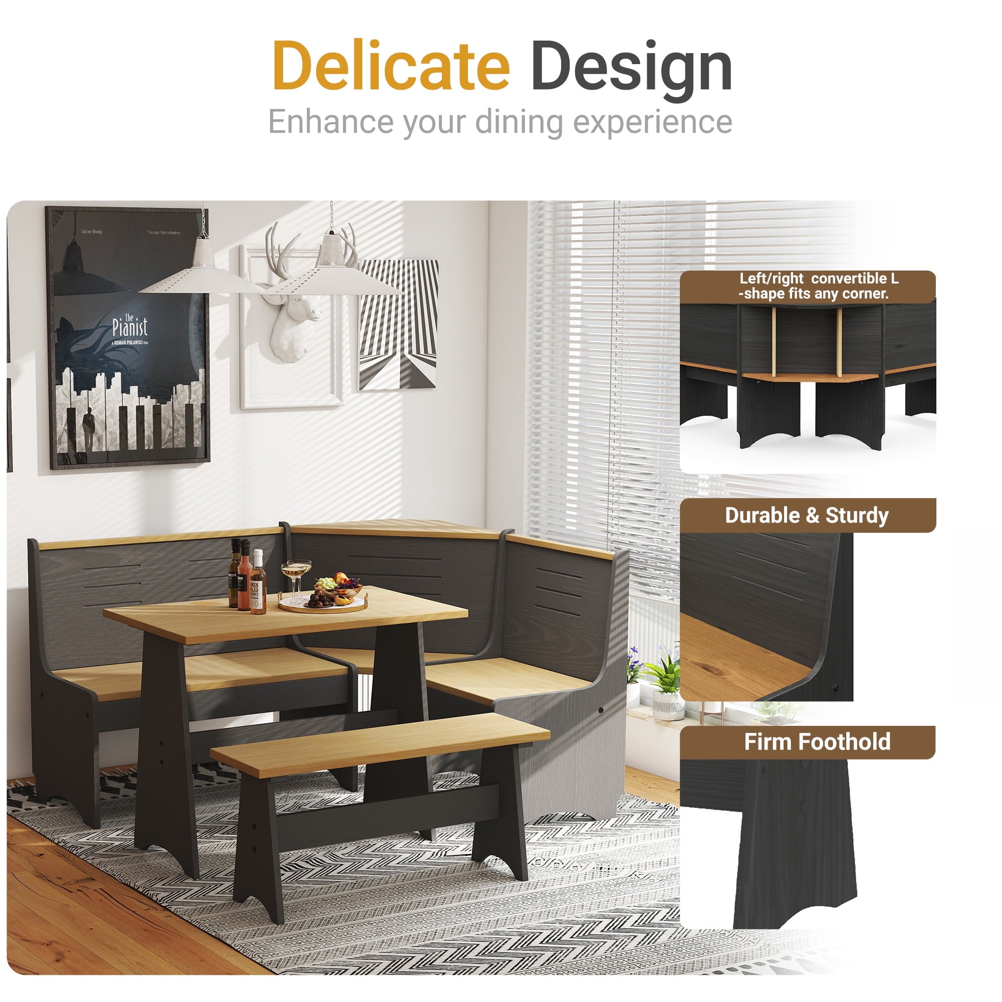 Breakfast Nook Kitchen Corner Dining Table Bench Chair Set, Space-Saving 3-4 Seat L-Shape Farmhouse Mid Century Modern Style for Family Home Black Wood