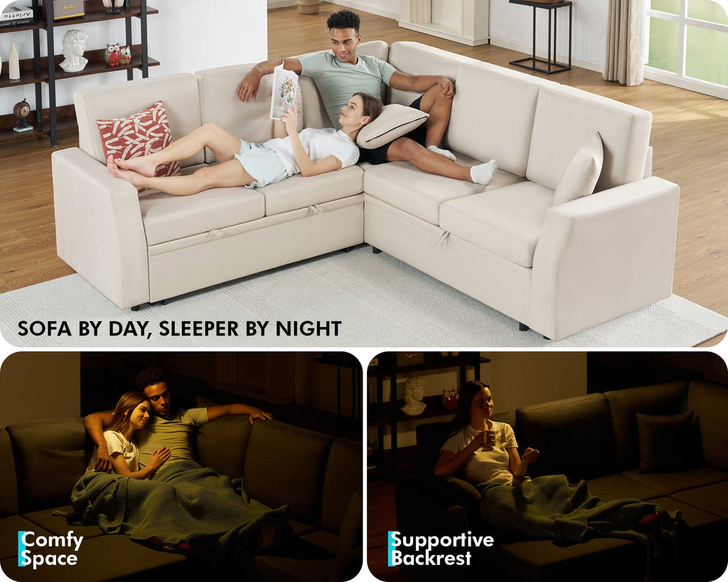 VanAcc 85 Sleeper Sofa Bed, Reversible L-Shape Sectional with Storage