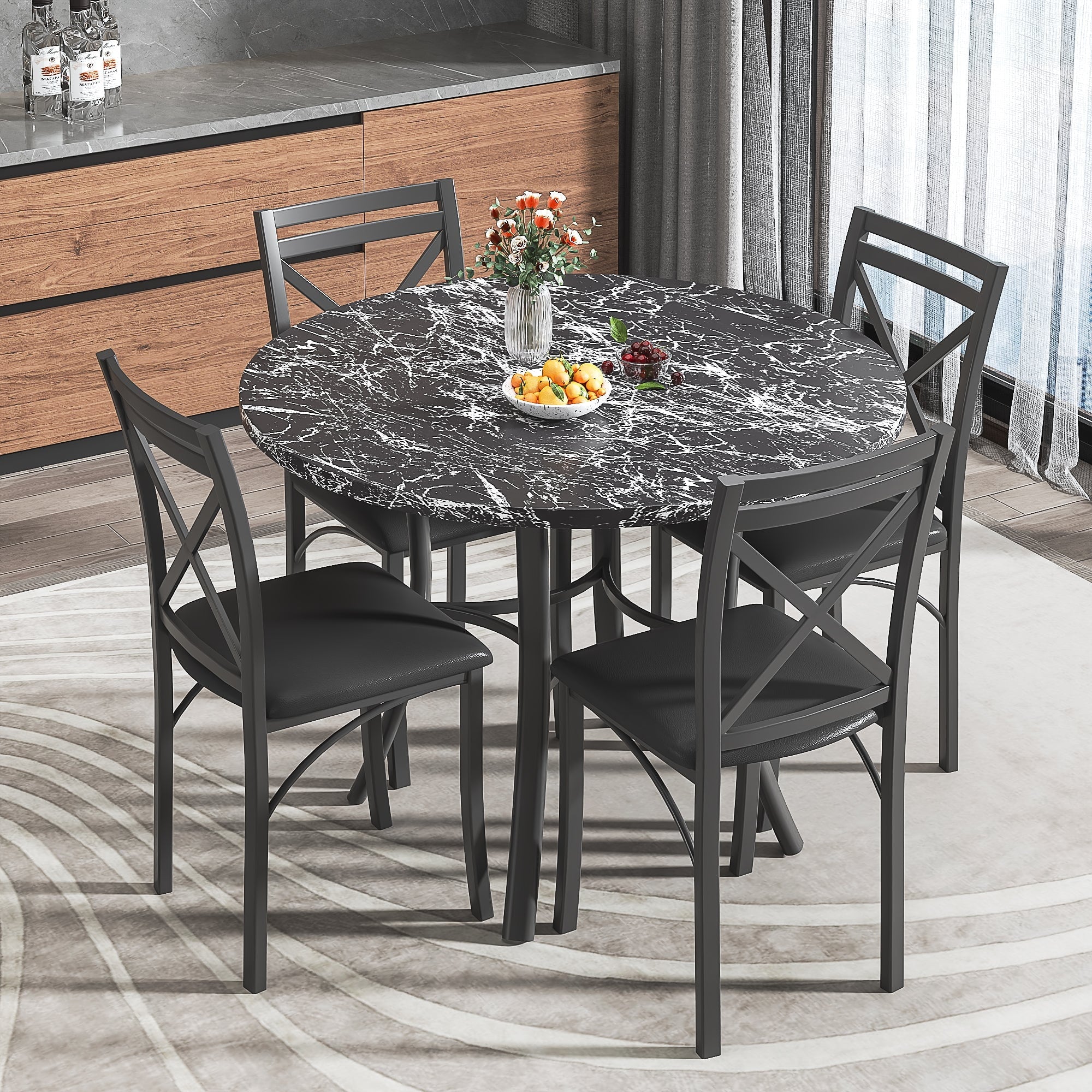 VECELO 5-Piece Dining Table Set, Modern Faux Marble Table and 4 Upholstered Chairs Set for 4, Round Dining Room Table Set for Small Space, Breakfast Nook, Apartment, Black