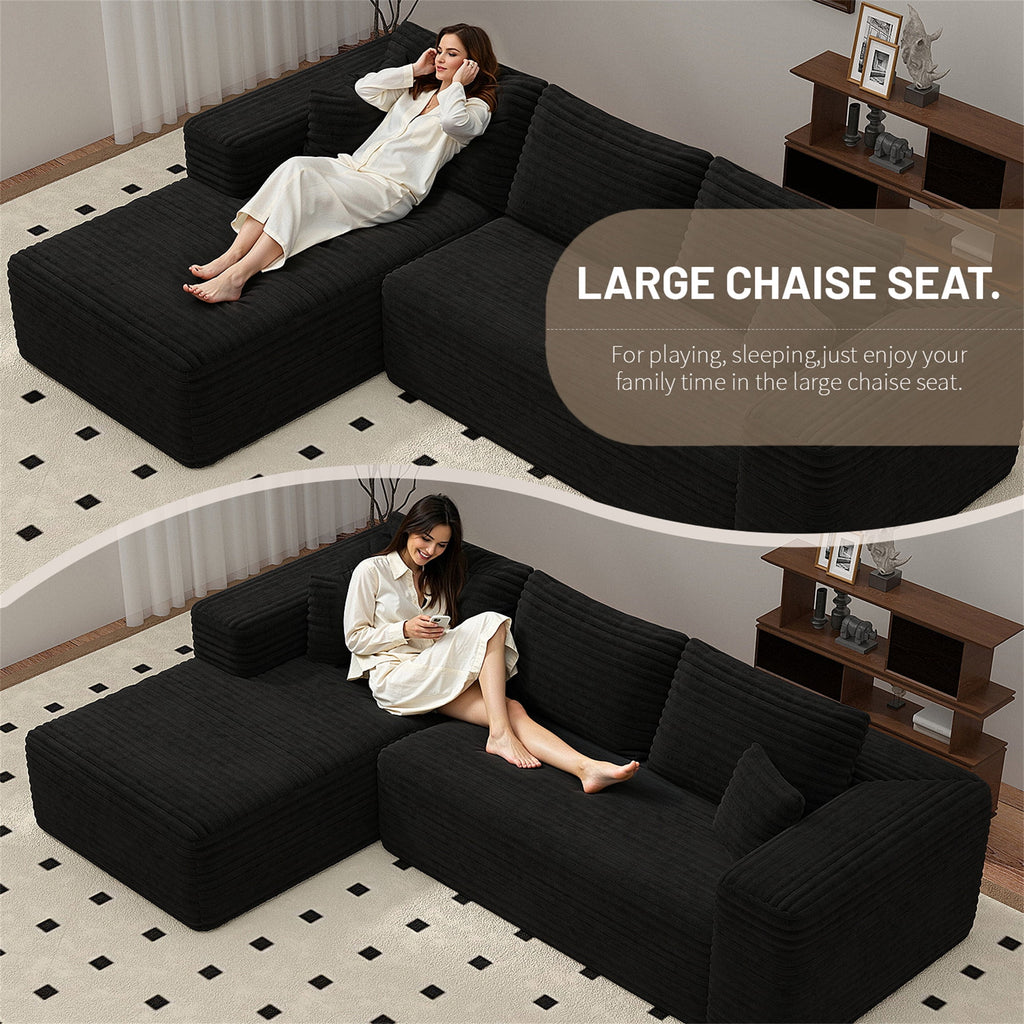 Aukfa 95 Cloud Sectional Sofa Deep Seat Boneless Couch Modular L-Shaped Couch, Left Chaise Corduroy Sofa for Living Room, Black