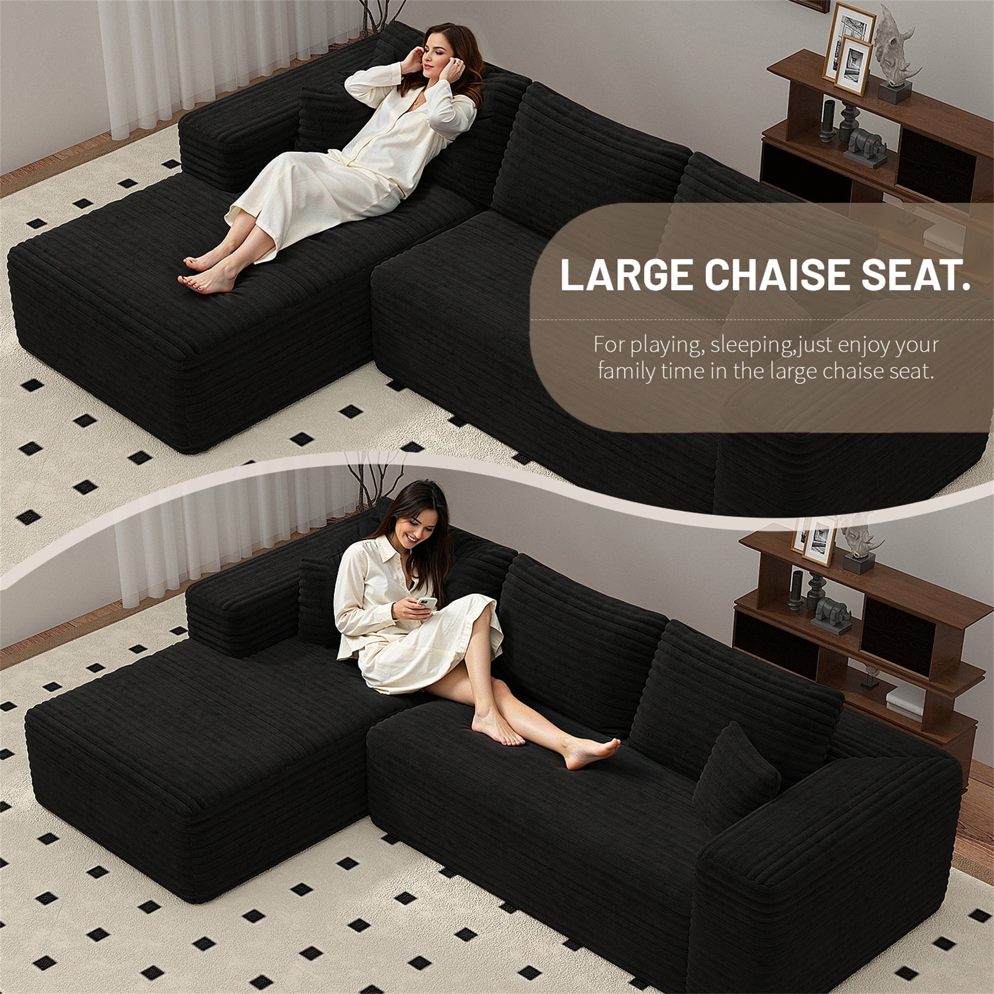 Aukfa 95 Cloud Sectional Sofa Deep Seat Boneless Couch Modular L-Shaped Couch, Left Chaise Corduroy Sofa for Living Room, Black