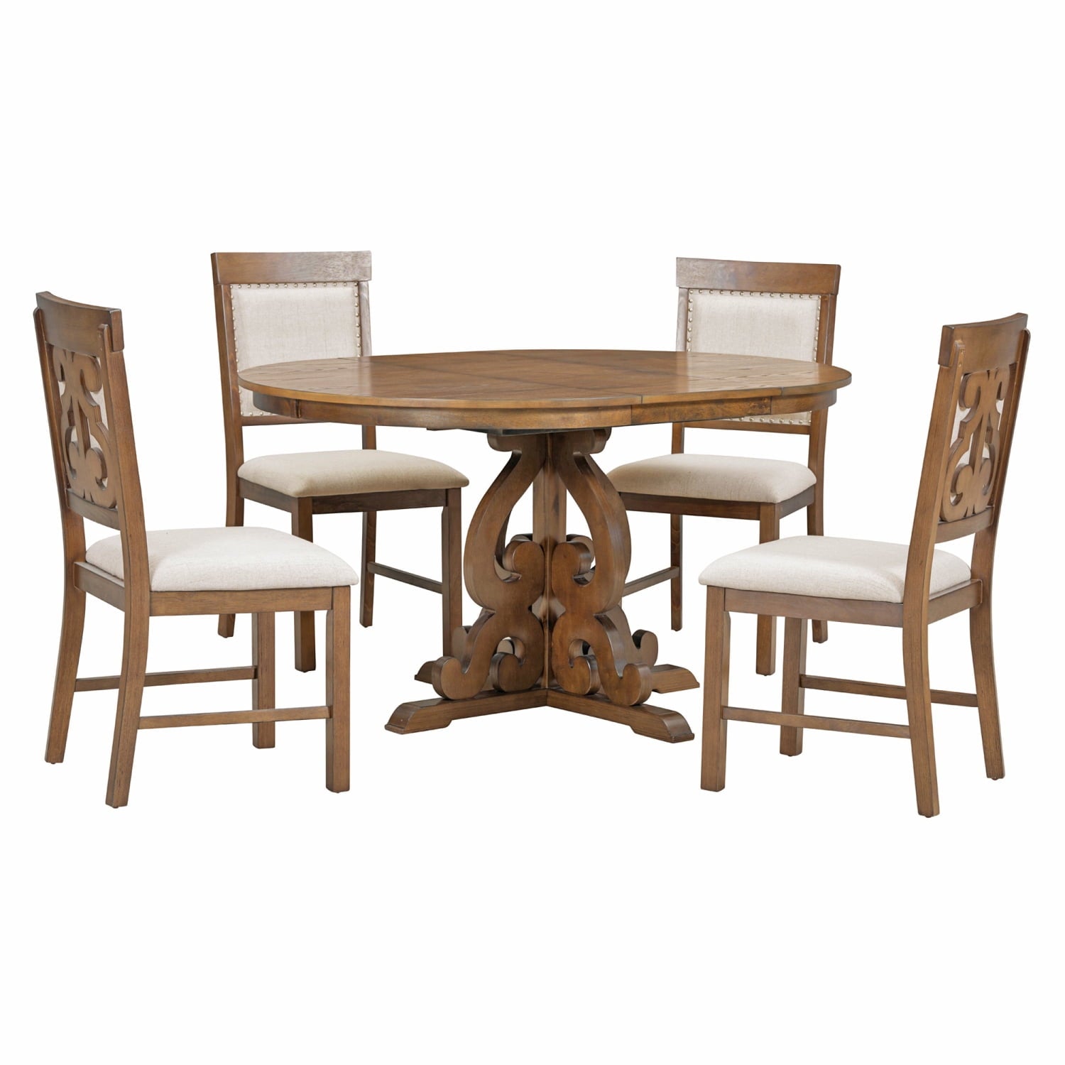 Harper & Bright Designs Farmhouse 5 Piece Kitchen Dining Table Set for 4, Solid Wood Extendable Round Dining Table Set and 4 Upholstered Chairs, Retro Dining Set for Kitchen, Natural Wood Wash