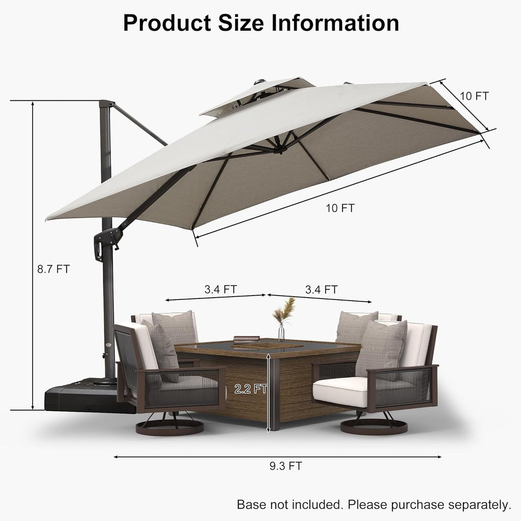 PURPLE LEAF Cantilever Umbrellas 12FT Square Large Patio Umbrella Offset Umbrella with 360°Rotation Tilting And Hanging Double Top, Grey