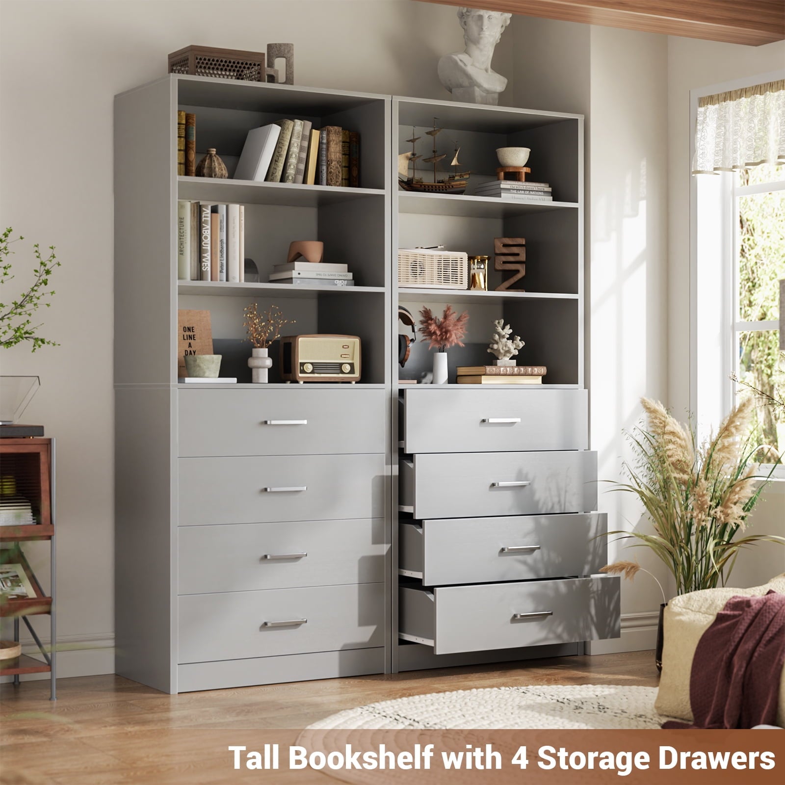 Homieasy 21.3 Inch Freestanding Closet System with 4 Wood Drawers and 3 Shelves for Walk-in Closet, Bedroom, White