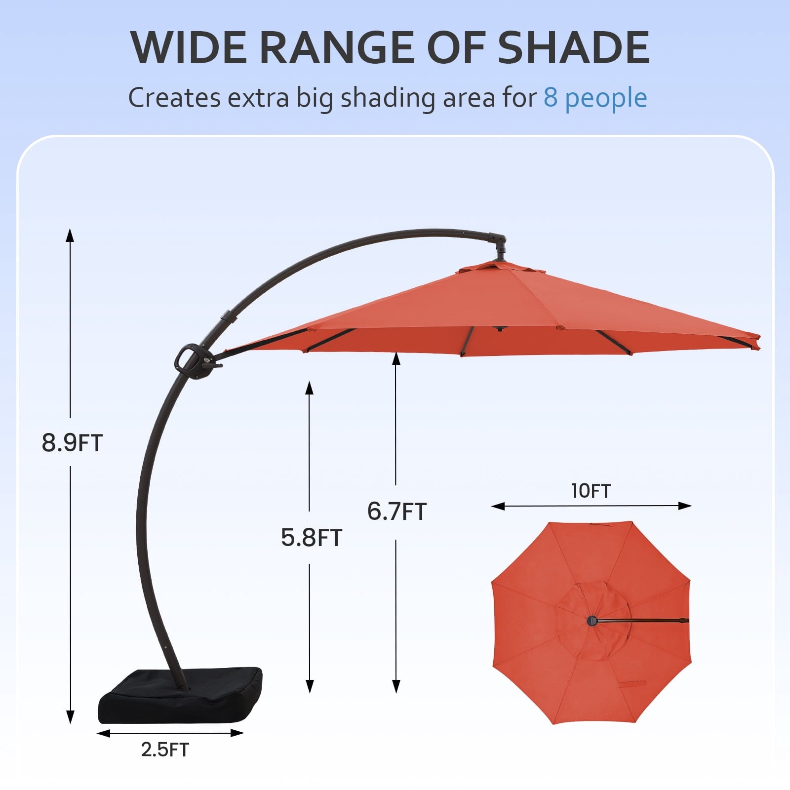 FUNDAZE 11ft Market Patio Umbrella with Base, Curved Cantilever Hanging Sun Shade with Crank & Tilt for Garden, Deck, Poolside,Beige