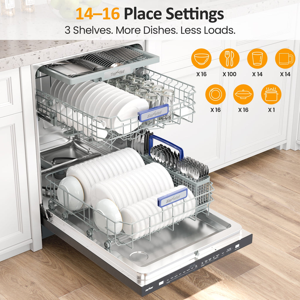 Sunvivi 24 Stainless Steel Built-in Dishwasher, 14-16 Place Settings Dishwasher Machine, 8 Wash Programs, Energy Star, Sliver