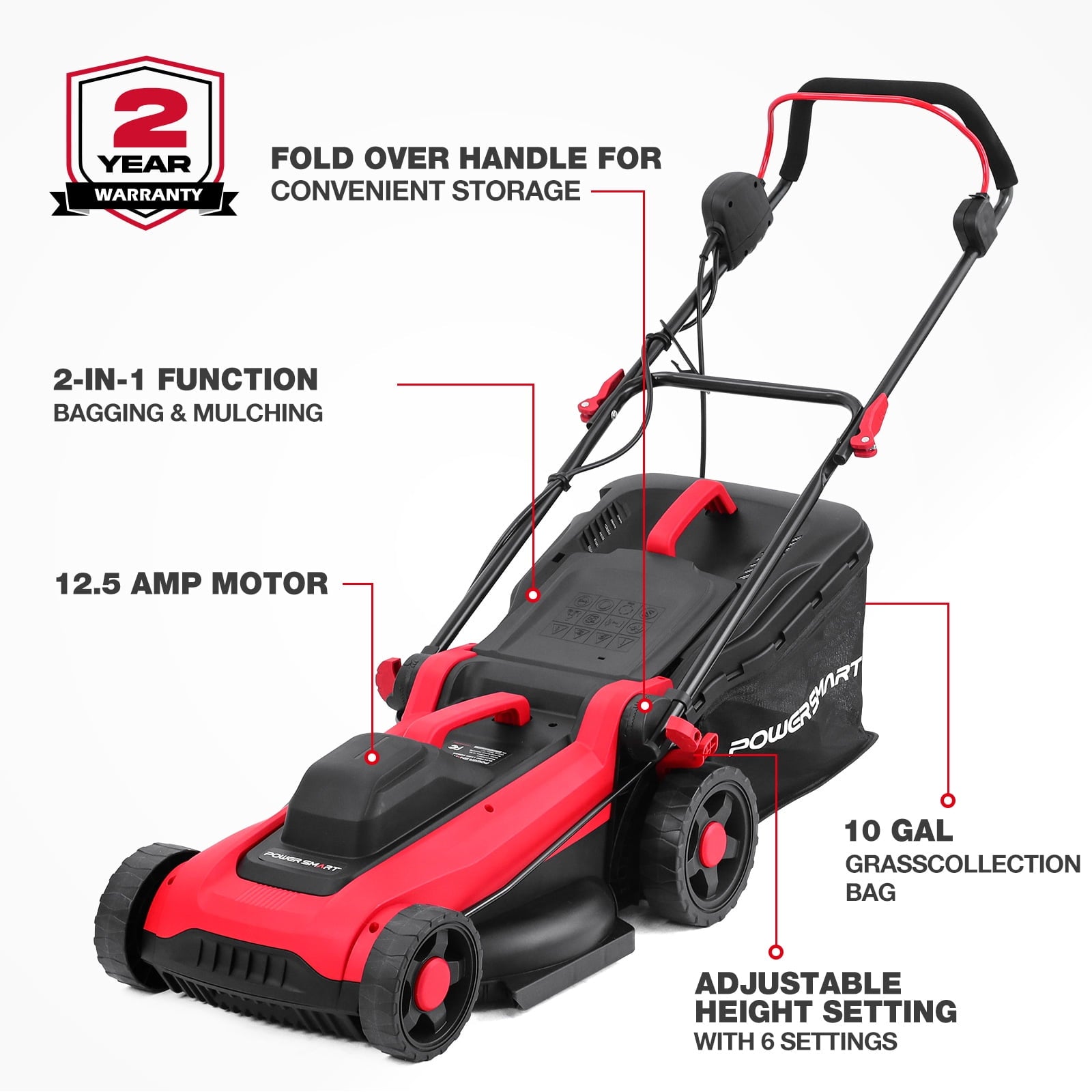 PowerSmart 14 120V 13A 2-in-1 Electric Push Lawn Mower, Easy Handling