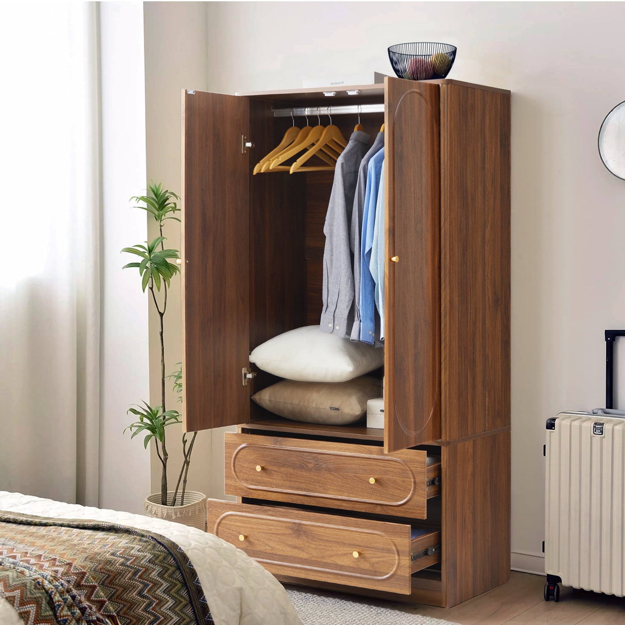 Wirrytor Freestanding Wooden Armoire Wardrobe with 2 Woven Doors and Storage Drawers, Space-Saving Closet Cabinet for Bedroom, Sturdy Mdf Board Closet with Hanging Rail