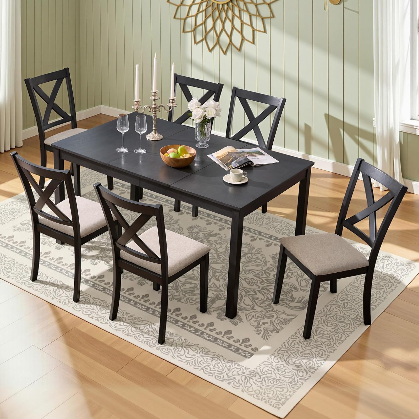 Merluxy 7-Piece Solid Wood Dining Table Set, 60 Farmhouse Dining Table with 6 Chairs, Dining Table Set for 6, Kitchen & Dining Room, Rustic Cream