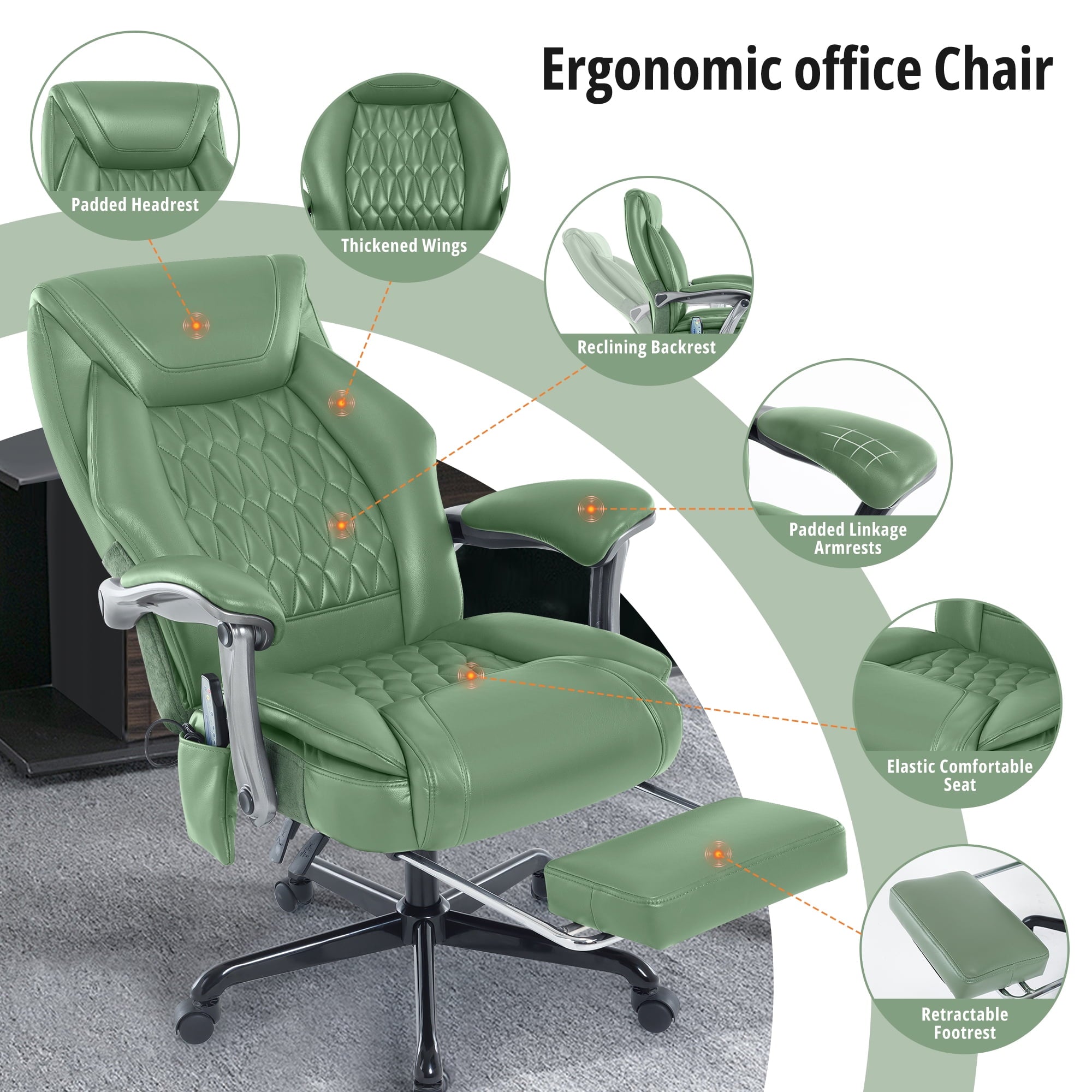 Heated Massage Office Chair with 6 Points Vibration, Reclining Ergonomic Desk Chair with Footrest for Extra Comfort, PU Leather High Back Executive Computer Chair, Thick Padded Massage Chair