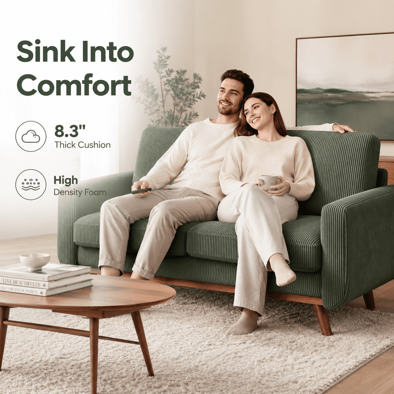 Neche 68 Corduroy Sofa for Living Room, 2 Seater Modern Couch for Small Space Office, Comfy Loveseat in a Box, Green