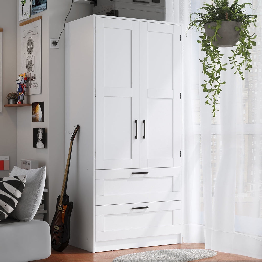 Wood White Wardrobe Closet with 2 Doors，Bedroom Freestanding Armoire Storage Cabinet with Shelves，Wooden Wardrobe Combination for Hanging Clothes