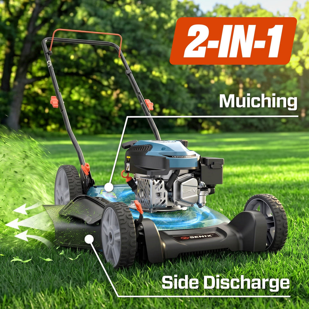 SENIX Gas Lawn mower, 20in Cutting Blade 21in Cutting Deck, 144cc 4-Cycle Engine, Steel Deck with Side Discharge, LSPG-L4