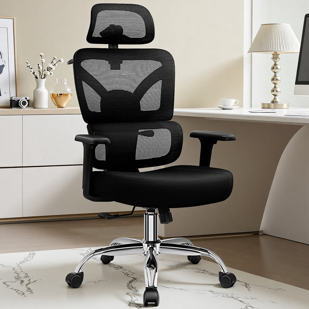 COOLHUT Ergonomic Mesh Office Chair with Footrest, Big and Tall Computer Desk Chair with Adjustable Lumbar Support, Headrest and Armrest, High Back Home Office Chair for Workspace, 300LBS, Black