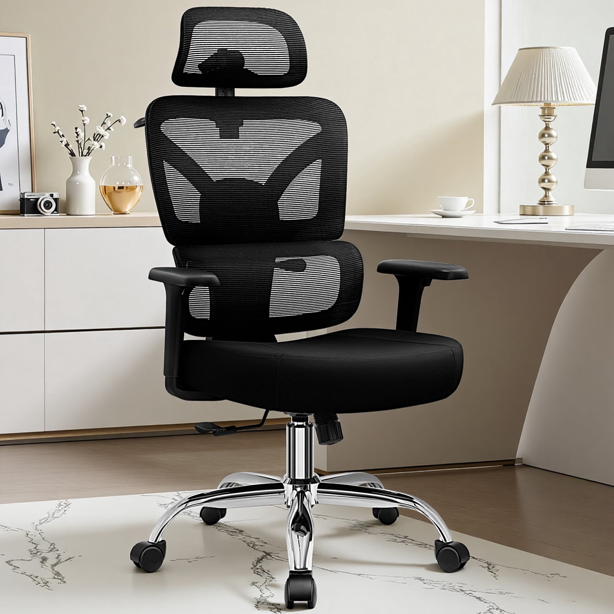 COOLHUT Ergonomic Mesh Office Chair with Footrest, Big and Tall Computer Desk Chair with Adjustable Lumbar Support, Headrest and Armrest, High Back Home Office Chair for Workspace, 300LBS, Black