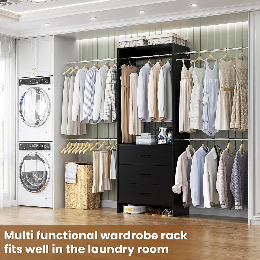 Homieasy Closet System, Closet Organizer with 3 Wooden Drawers, Walk-in Closet Wardrobe Clothes Rack with 4 Hanging Rods, Garment Rack, White