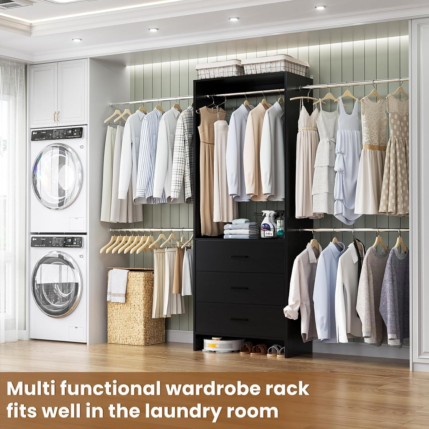 Homieasy Closet System, Closet Organizer with 3 Wooden Drawers, Walk-in Closet Wardrobe Clothes Rack with 4 Hanging Rods, Garment Rack, White