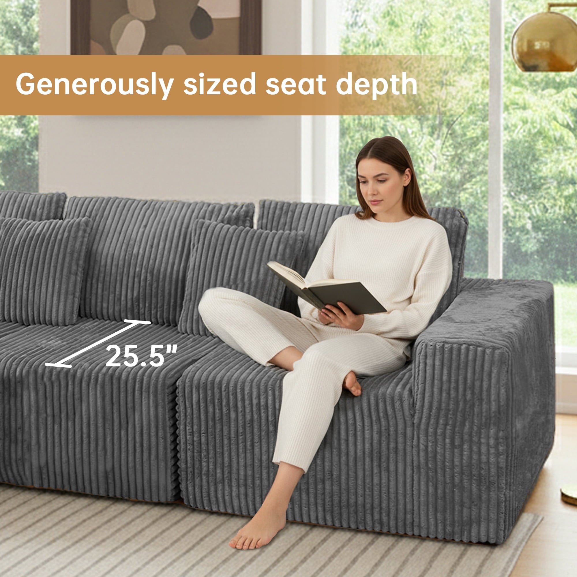 SOULART 138.5 U Shaped Sectional Couch,Gray Cloud Boneless Sofa For Living Room,Plush Corduroy Couches With Deep Seat Chaise Lounge,No Assembly Required