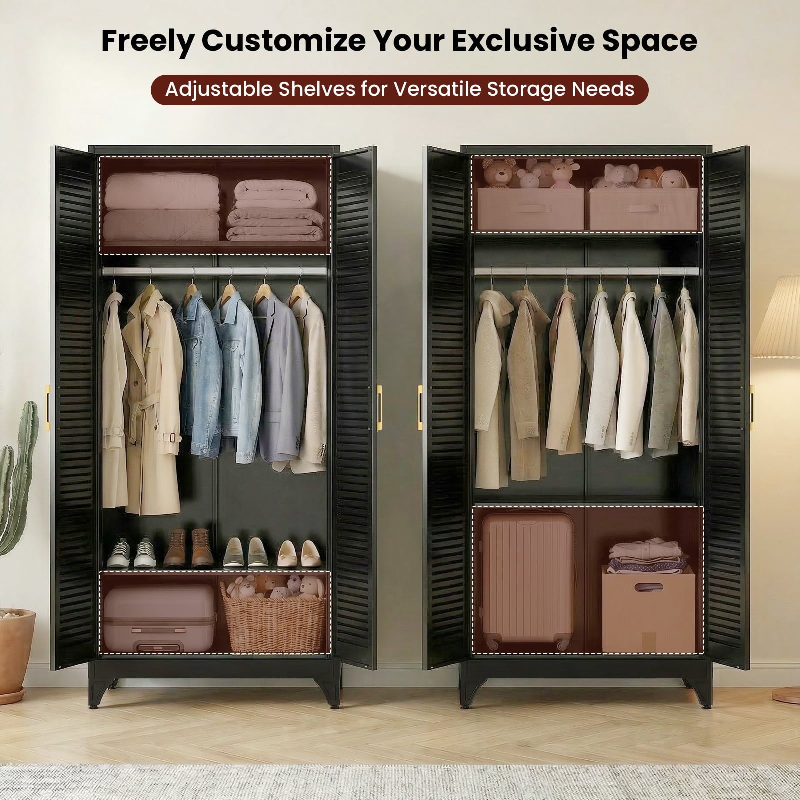 Polup 71 H Modern Metal Sturdy Armoire Cabinet with Shelves and Hanging Rod, Adult Bedroom Wardrobe Closet with Doors