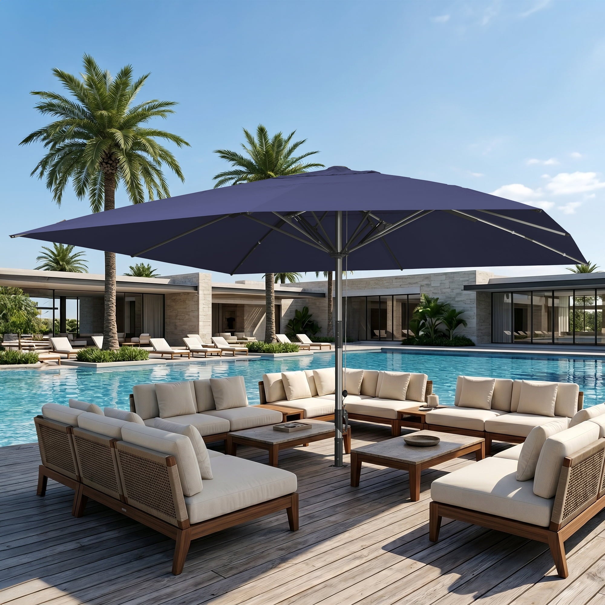 PURPLE LEAF OUTDOOR 16 x 16 FT Extra Large Rectangle Patio Market Table Sun Umbrella Heavy-Duty with Semi-Auto Open Maximum Coverage for Restaurant Hotel Resort Cafe Poolside Beige