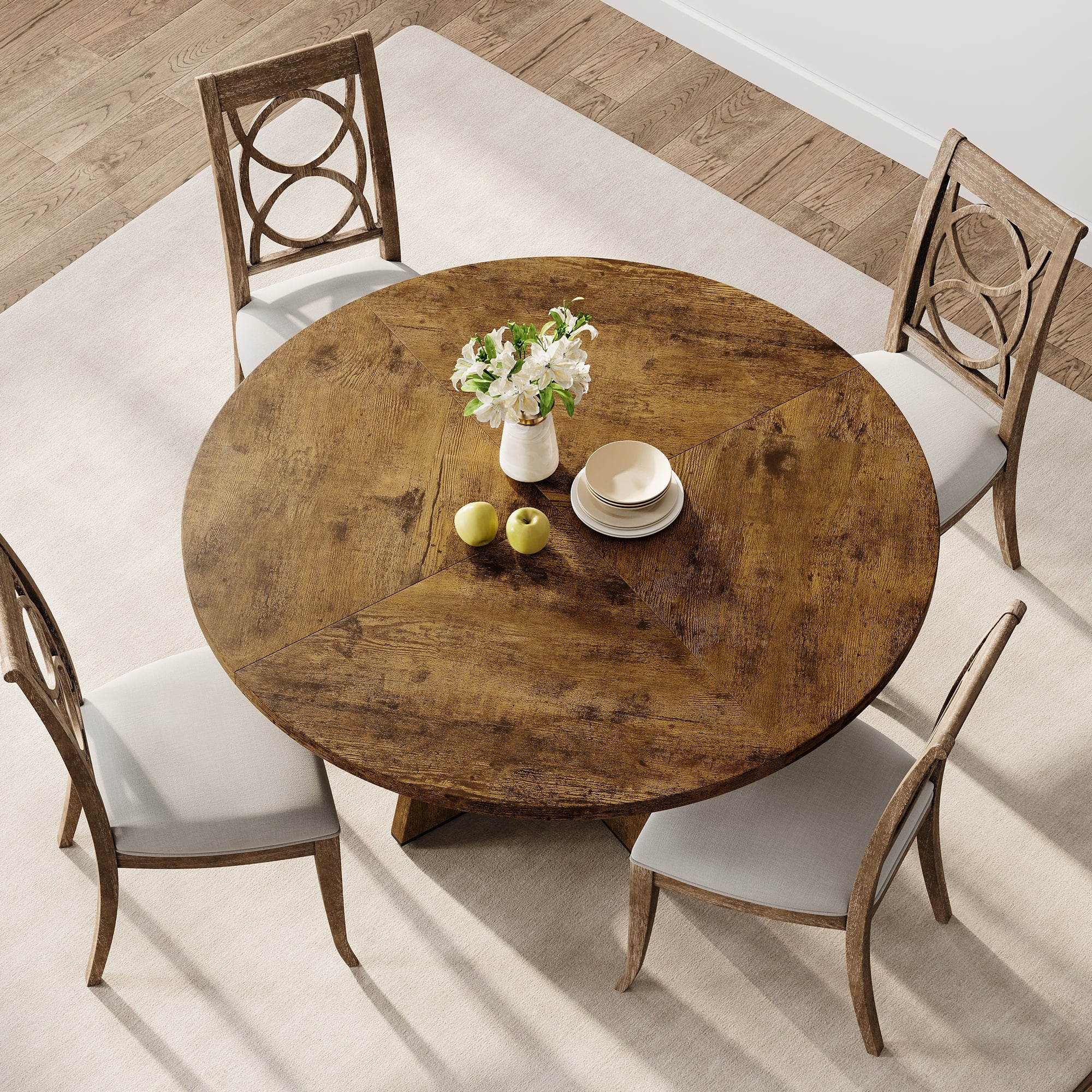 M optimized 47-Inch Round Dining Table, Wooden Kitchen Table for 4, Farmhouse Dinner Table with Wooden Top and Legs for Home Dining Room Living Room (Only Table)