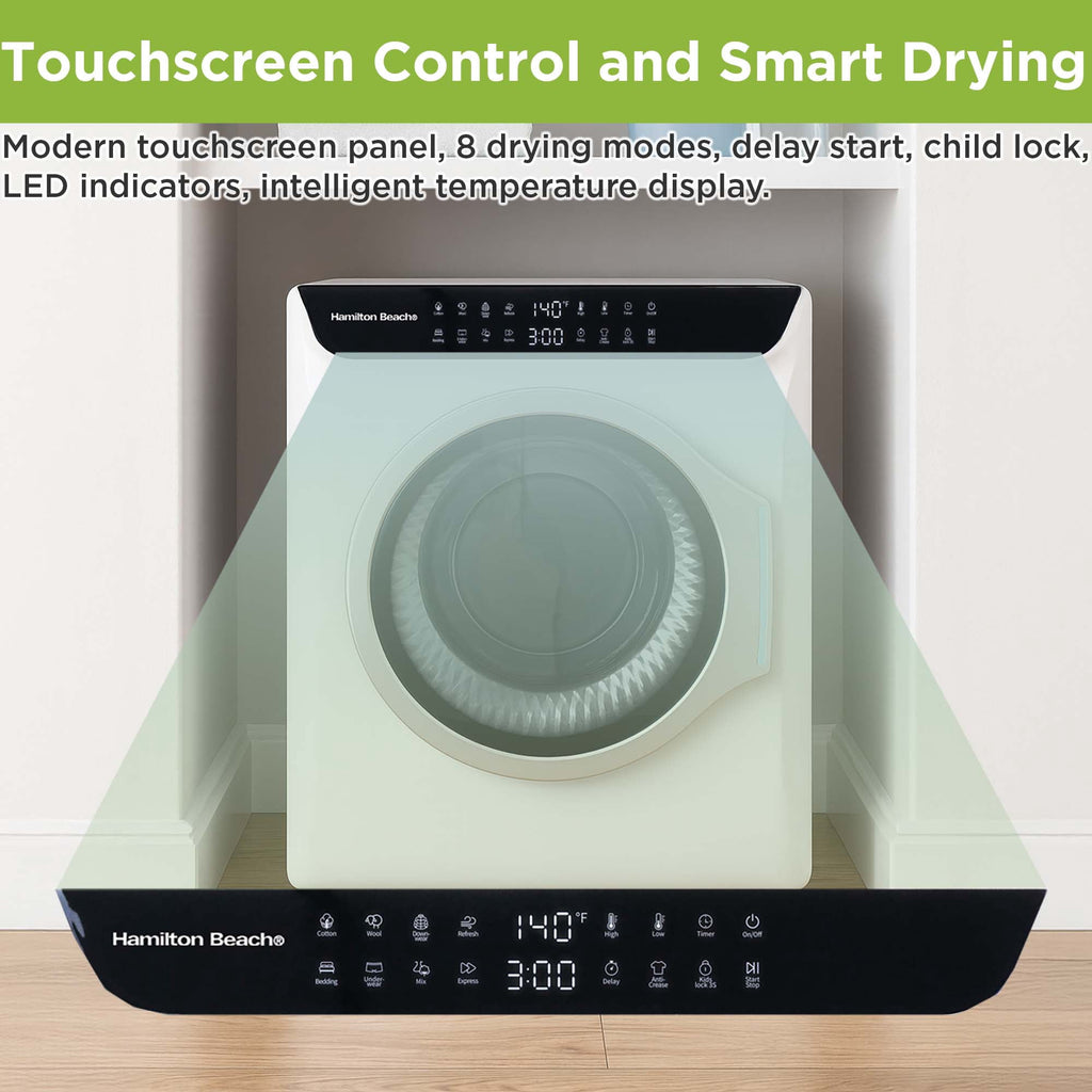 Hamilton Beach 13 lbs. Compact Tumble Dryer with Touchscreen Controls, 8 Drying Modes, Delay Start, Adjustable Heat Levels, Child Lock, Air-Vented Port, White
