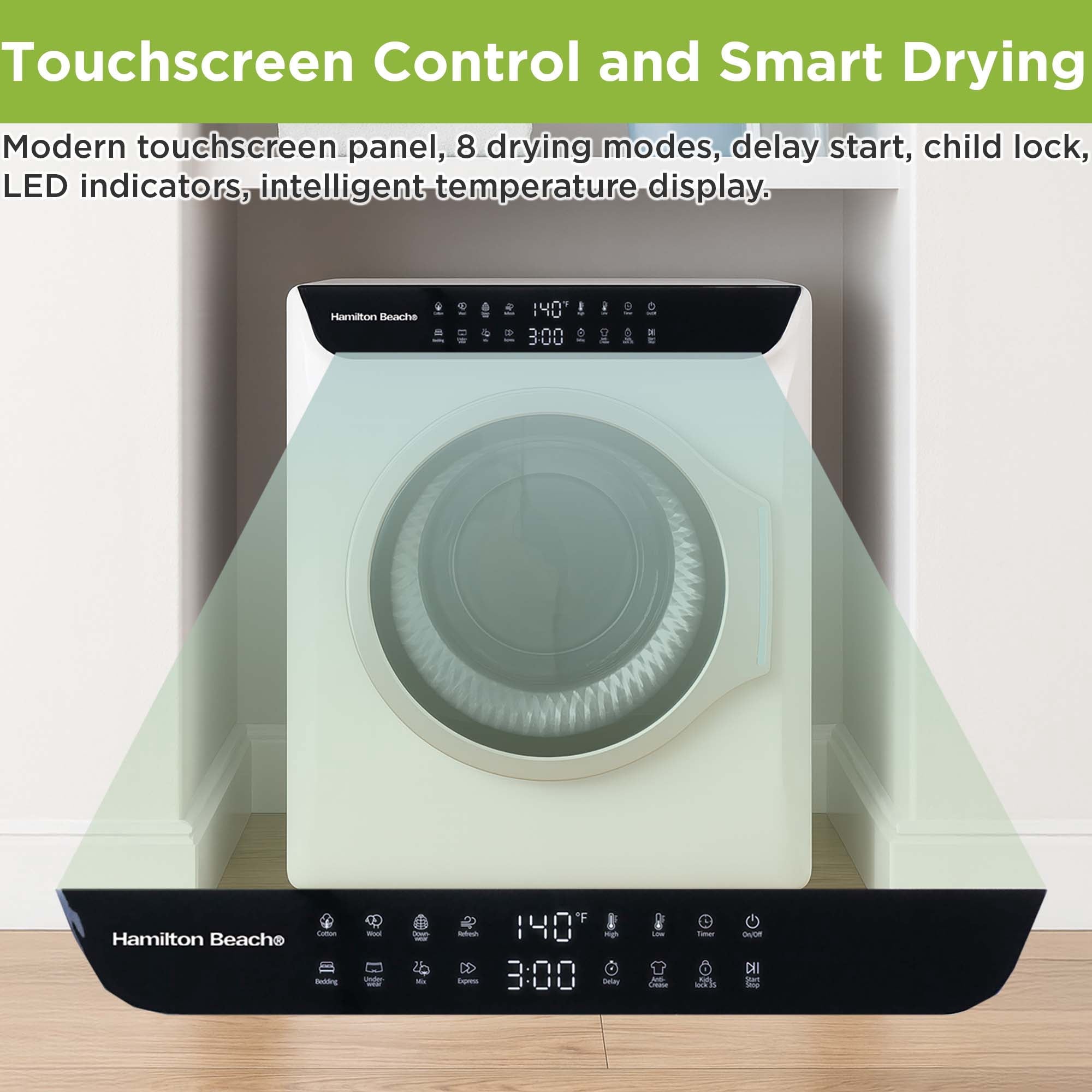 Hamilton Beach 13 lbs. Compact Tumble Dryer with Touchscreen Controls, 8 Drying Modes, Delay Start, Adjustable Heat Levels, Child Lock, Air-Vented Port, White