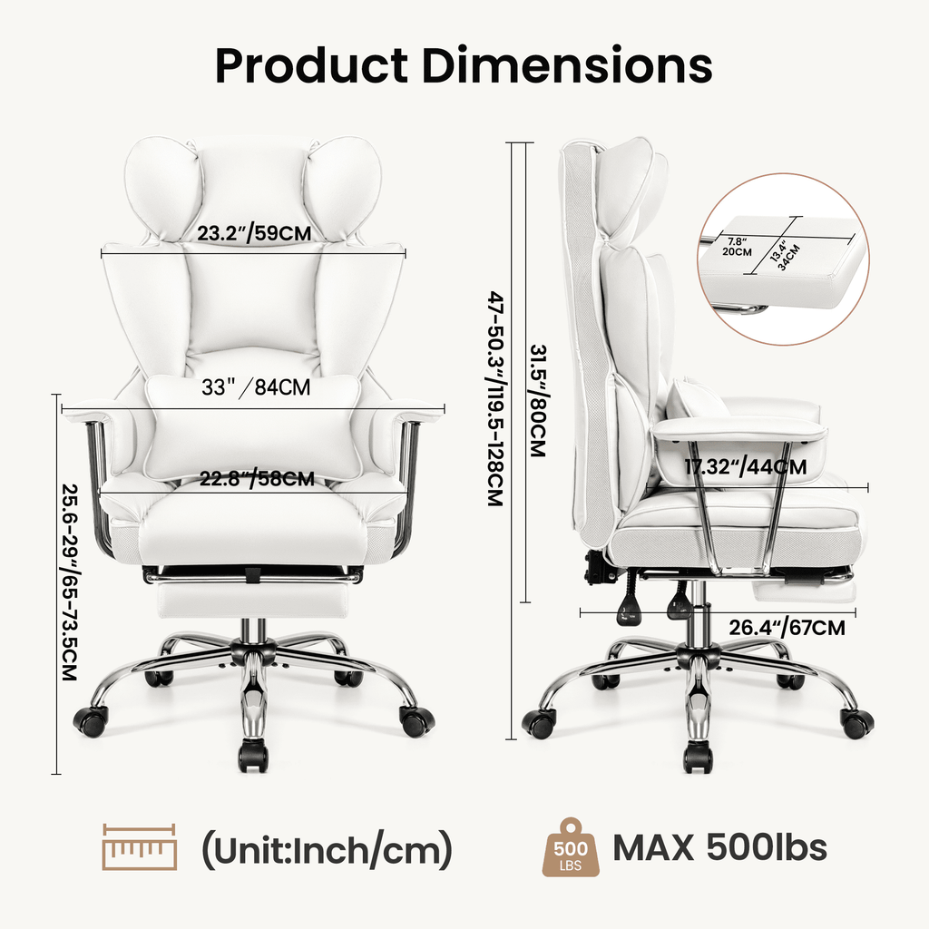 Primy High Back Office Chair, Big and Tall PU Leather Executive Chair with Footrest – Ergonomic Reclining Computer Desk Chair, High-Density Foam, Heavy Duty Swivel Rolling Chair, Black