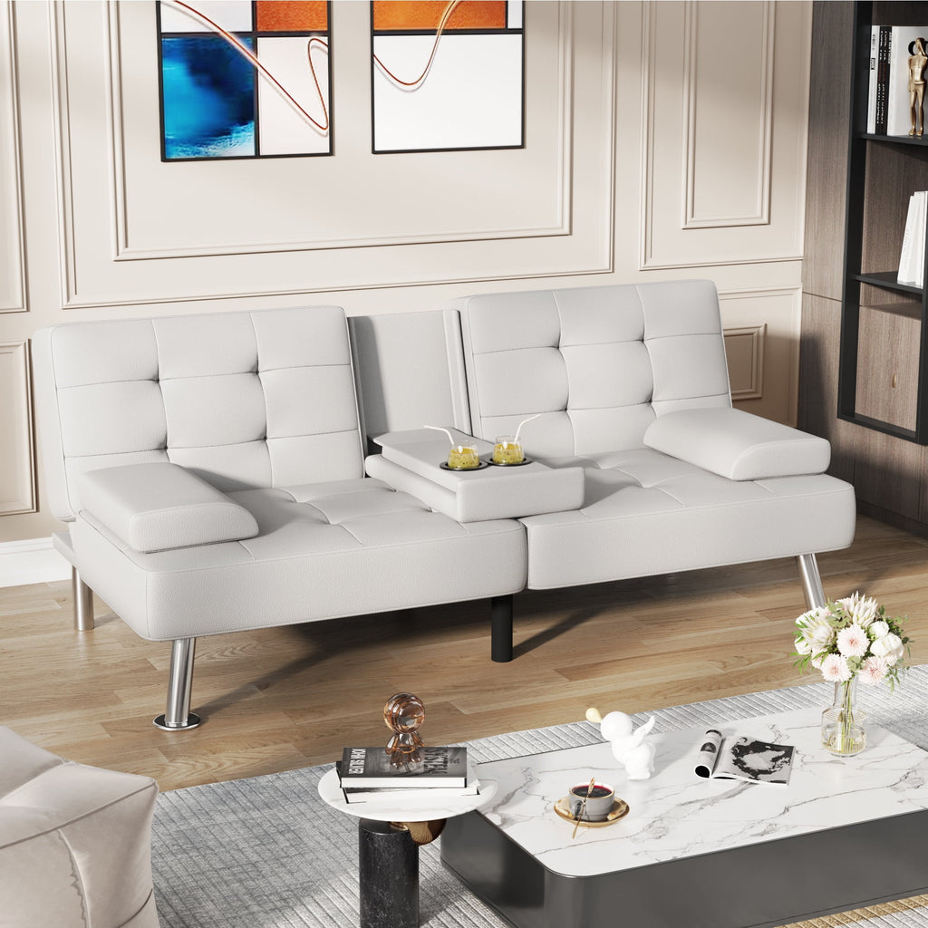 Homall Futon Sofa Bed Faux Leather Couch Modern Convertible Folding Recliner with 2 Cup Holders