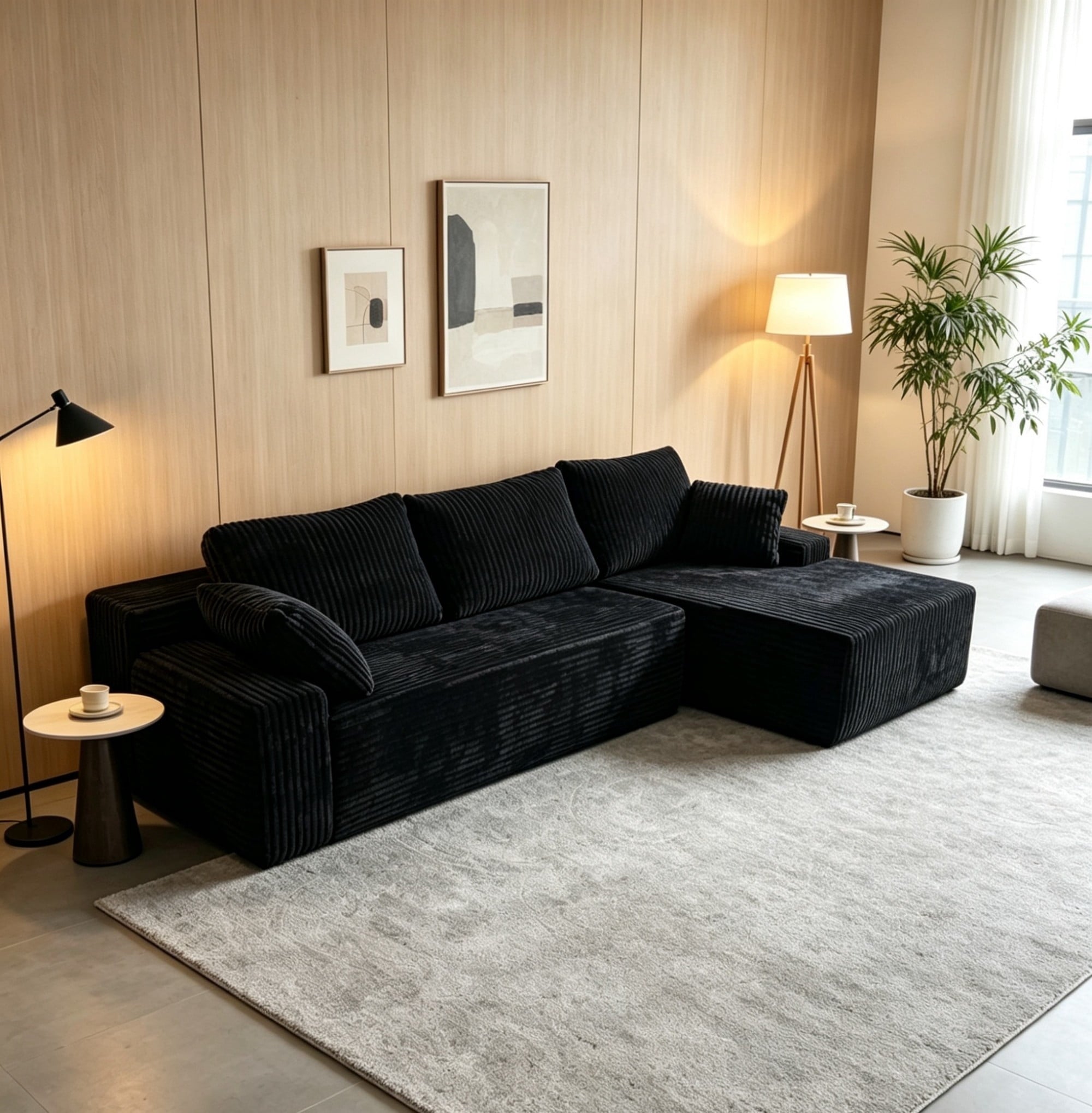LLappuil 108 Sectional Sofa, Modular Sectional Couch with Left Chaise, Deep Seat Corduroy Cloud Sofa for Living Room Black