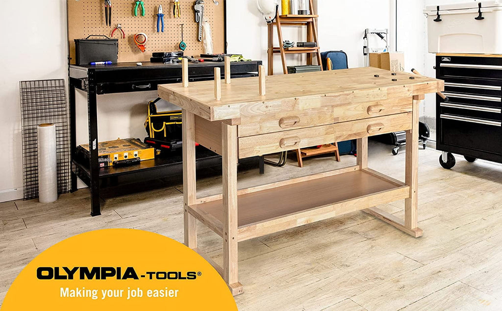 Olympia Tools 48-inch Wood Workbench - 330 lbs Weight Capacity Wooden Workbench for Garage, Workshop and Home - Acacia Woodworking Bench