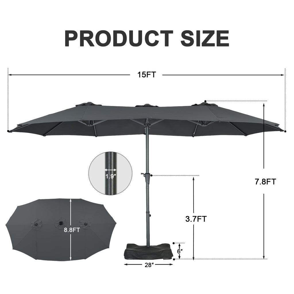 Ainfox 15ft Large Patio Umbrella with Solar Lights, Double-Sided Outdoor Rectangle Table Umbrellas with Sand Bag Base，Beige