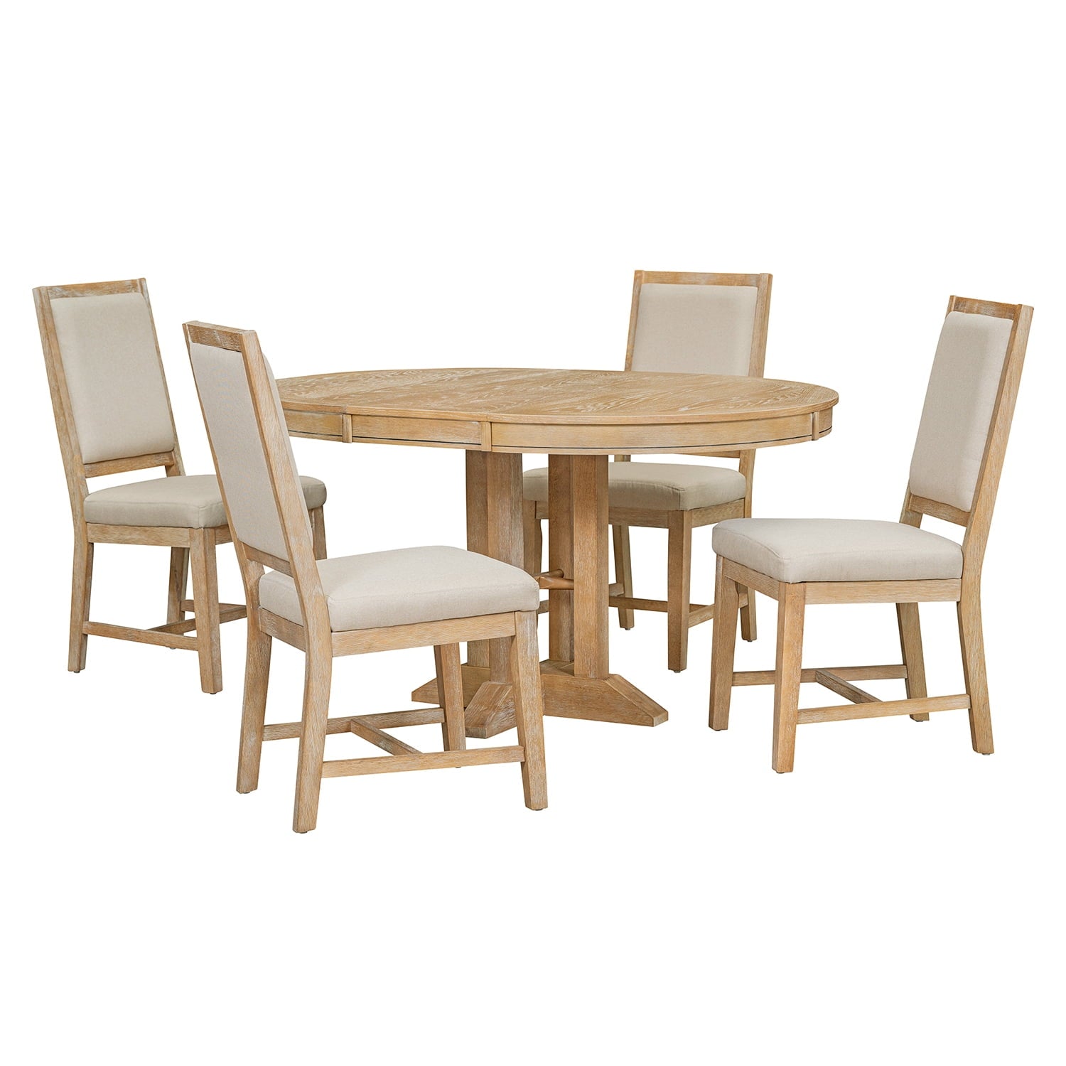 Harper & Bright Designs Farmhouse 5 Piece Kitchen Dining Table Set for 4, Solid Wood Extendable Round Dining Table Set and 4 Upholstered Chairs, Retro Dining Set for Kitchen, Natural Wood Wash