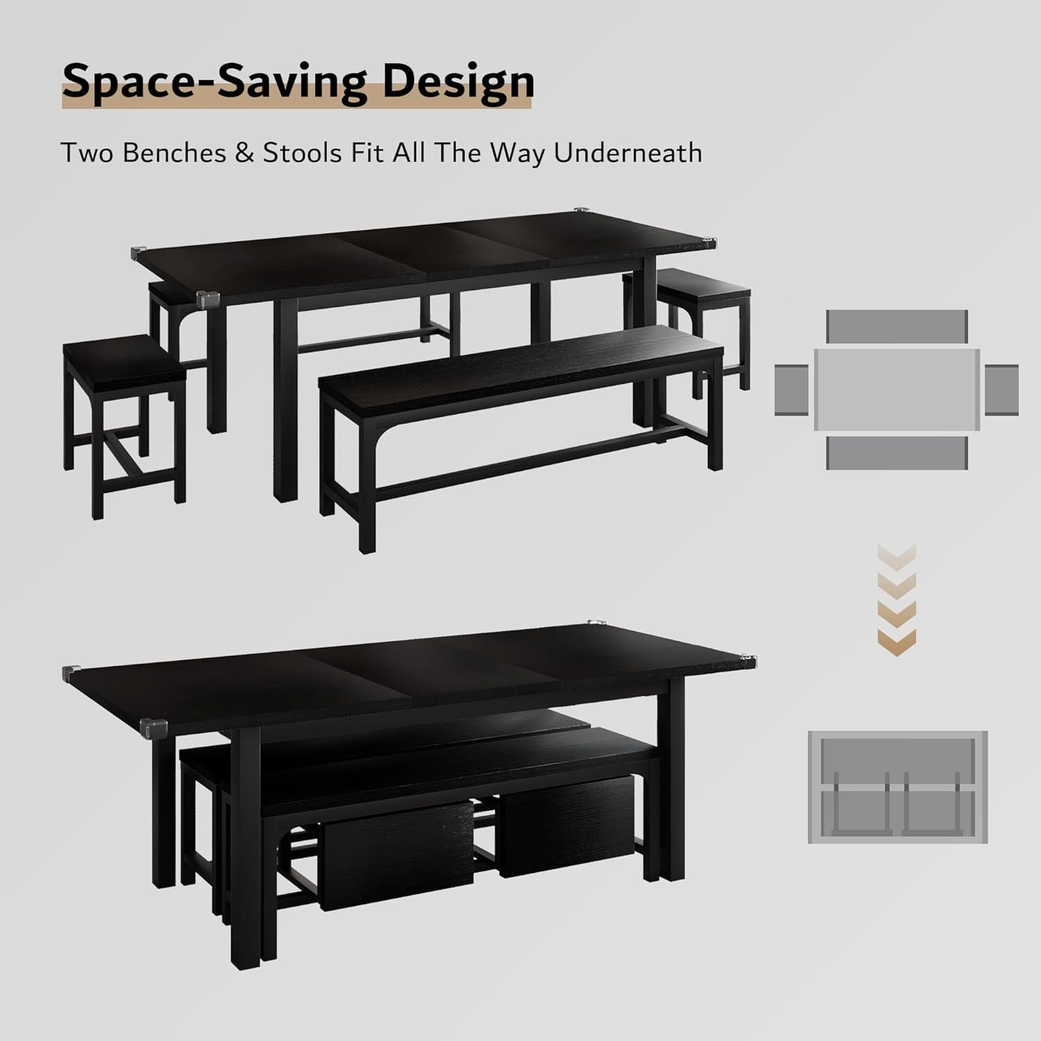 iPormis 5-Piece Dining Table Set for 4-8 People, Extendable Kitchen Table Set with 2 Benches and 2 Square Stools, Espresso