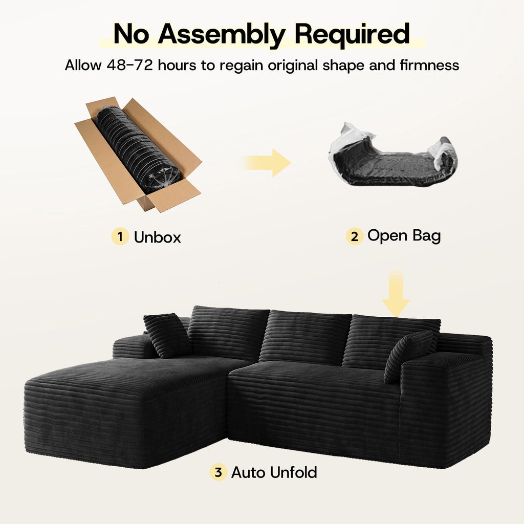 Patbrela 106 Sectional Couch for Living Room, L-Shaped Boneless Cloud Couch Corduroy Modern Sectional Sofa with Deep Seat and Thickened Cushion, No Assembly Required, Black