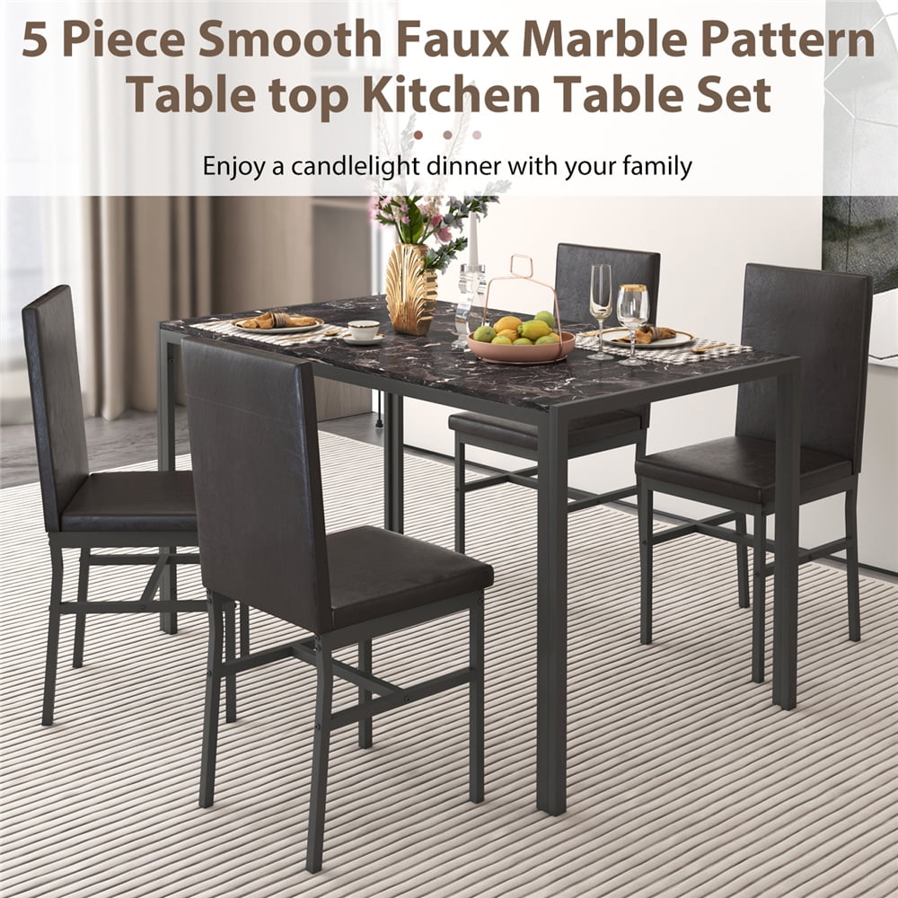 UHOMEPRO Dining Table Set for 4, 5 Piece Dining Room Table Set with Gray Velvet Upholstered Chairs, White Faux Marble Pattern Rectangle Kitchen Table Set for Breakfast Nook Small Space