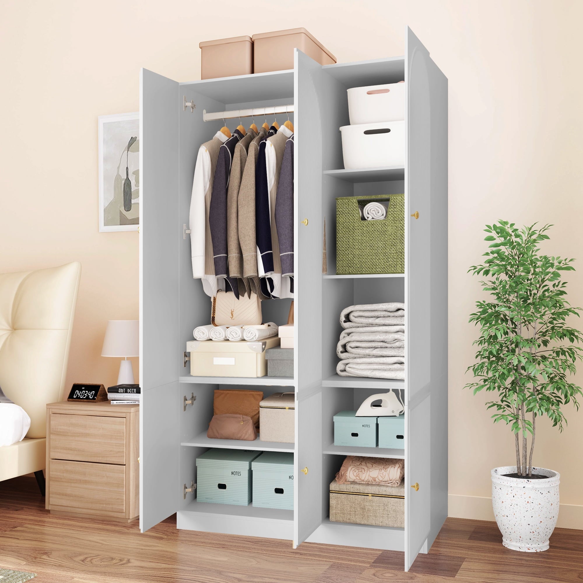 Wirrytor Freestanding Wooden Armoire Wardrobe with 2 Woven Doors and Storage Drawers, Space-Saving Closet Cabinet for Bedroom, Sturdy Mdf Board Closet with Hanging Rail