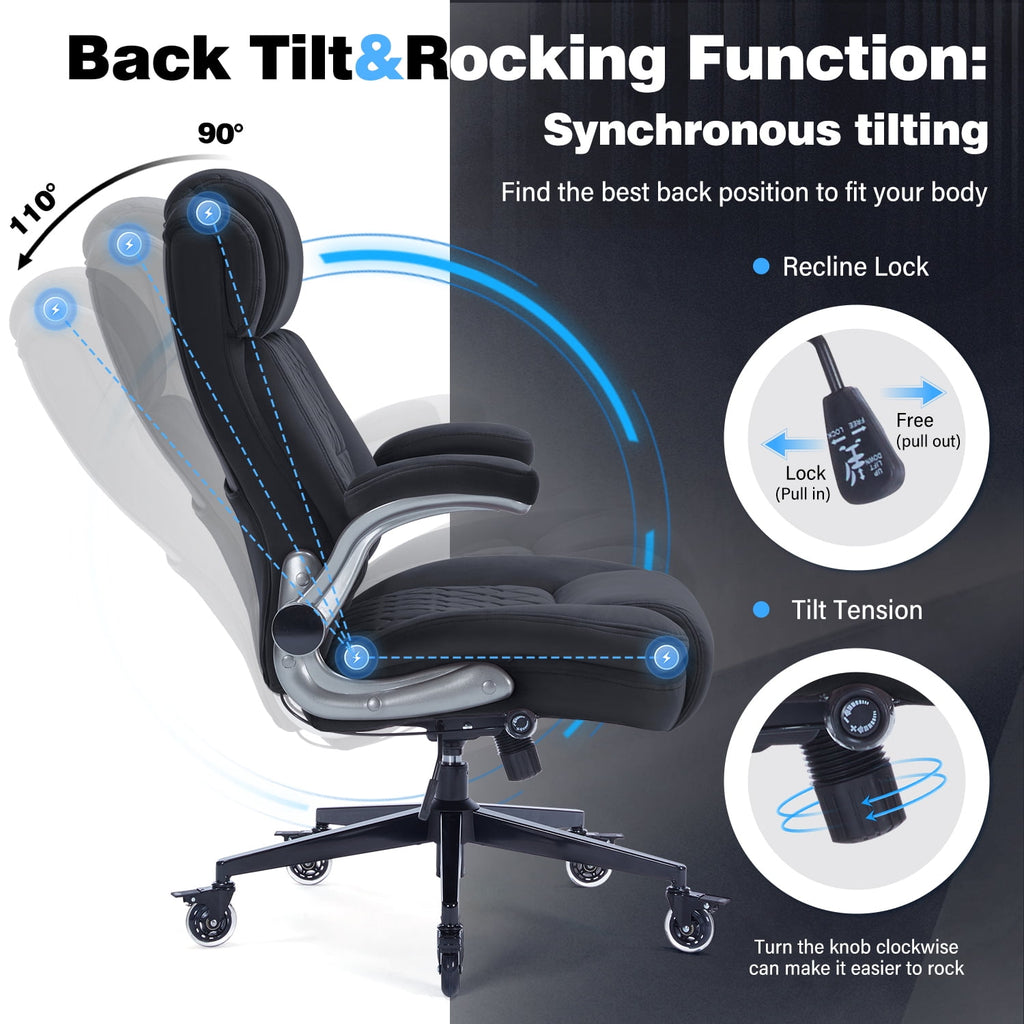 High Back Office Chair with Lockable Wheels, 400lbs Large Fabric Executive Desk Chair, Adjustable Lumbar Support Flip up Arms, Ergonomic Home Office Computer Chair with Storage Pocket, Black