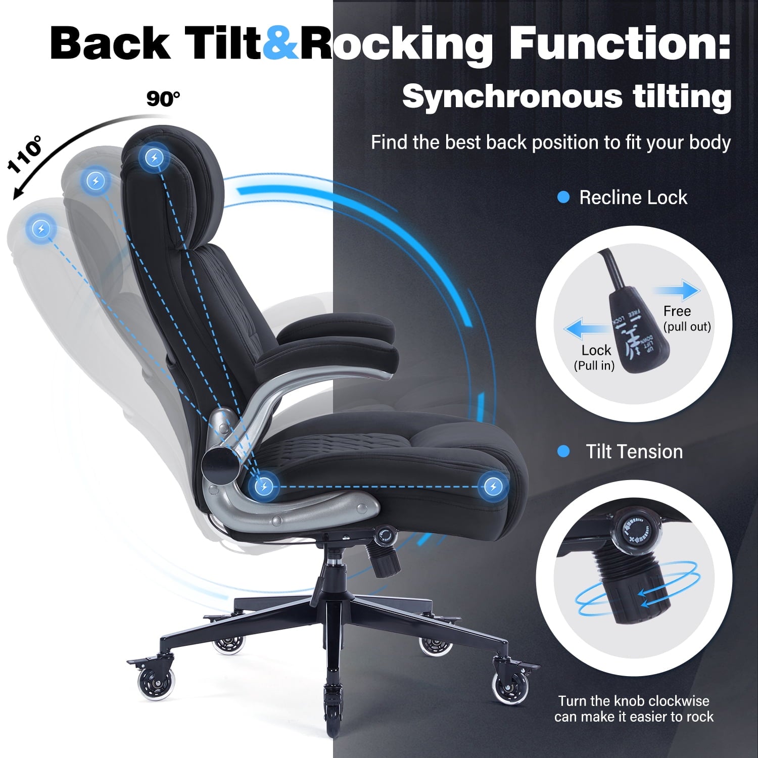 High Back Office Chair with Lockable Wheels, 400lbs Large Fabric Executive Desk Chair, Adjustable Lumbar Support Flip up Arms, Ergonomic Home Office Computer Chair with Storage Pocket, Black