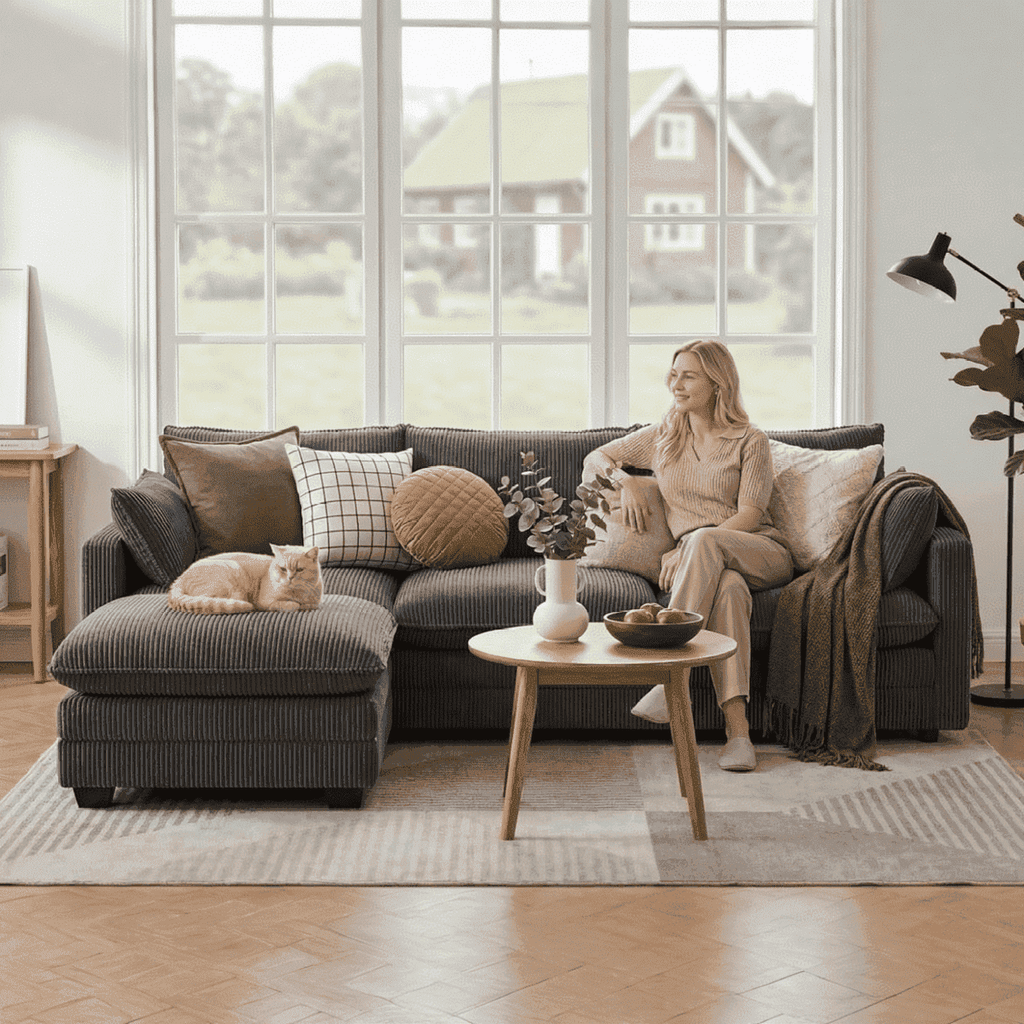 110'' Oversized L Shaped Couch for Living Room, Cloud Couches with Washable Corduroy Cover, Modern 4-Seater Comfy Deep-Seat Sofa with Movable Ottoman and 2 Throw Pillows for Apartment, Gray